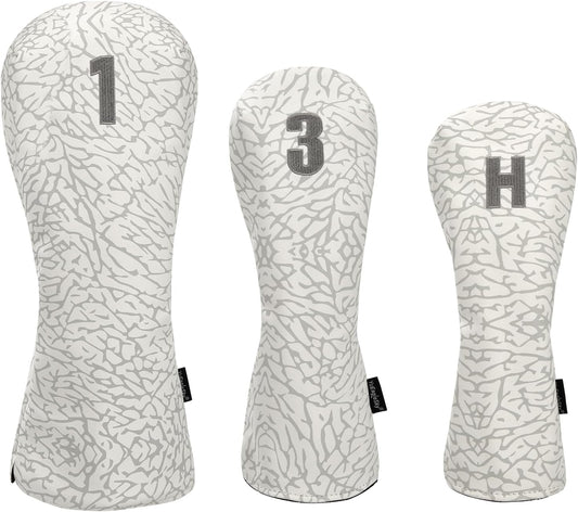 Golf Driver Head Covers 3-Pack for Men & Women - Premium PU Leather with Elephant Embroidery, Double Elastic Band (Driver/Fairway/Hybrid), Waterproof & Durable - White Grey or Black Grey