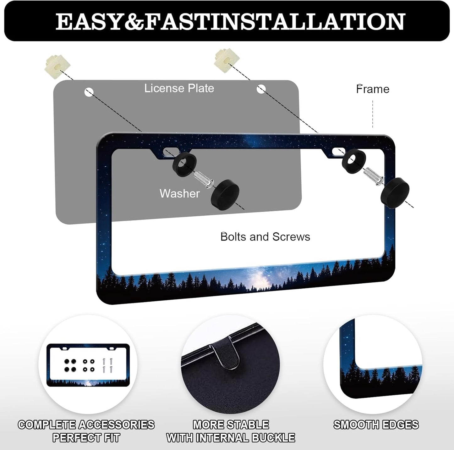 Galaxy Forest License Plate Frames - 2 Pack Front Rear Starry Sky License Plates Holder Covers, Aluminum Metal Rust-Proof Waterproof Car Tag Frame with Screws Fasteners Caps