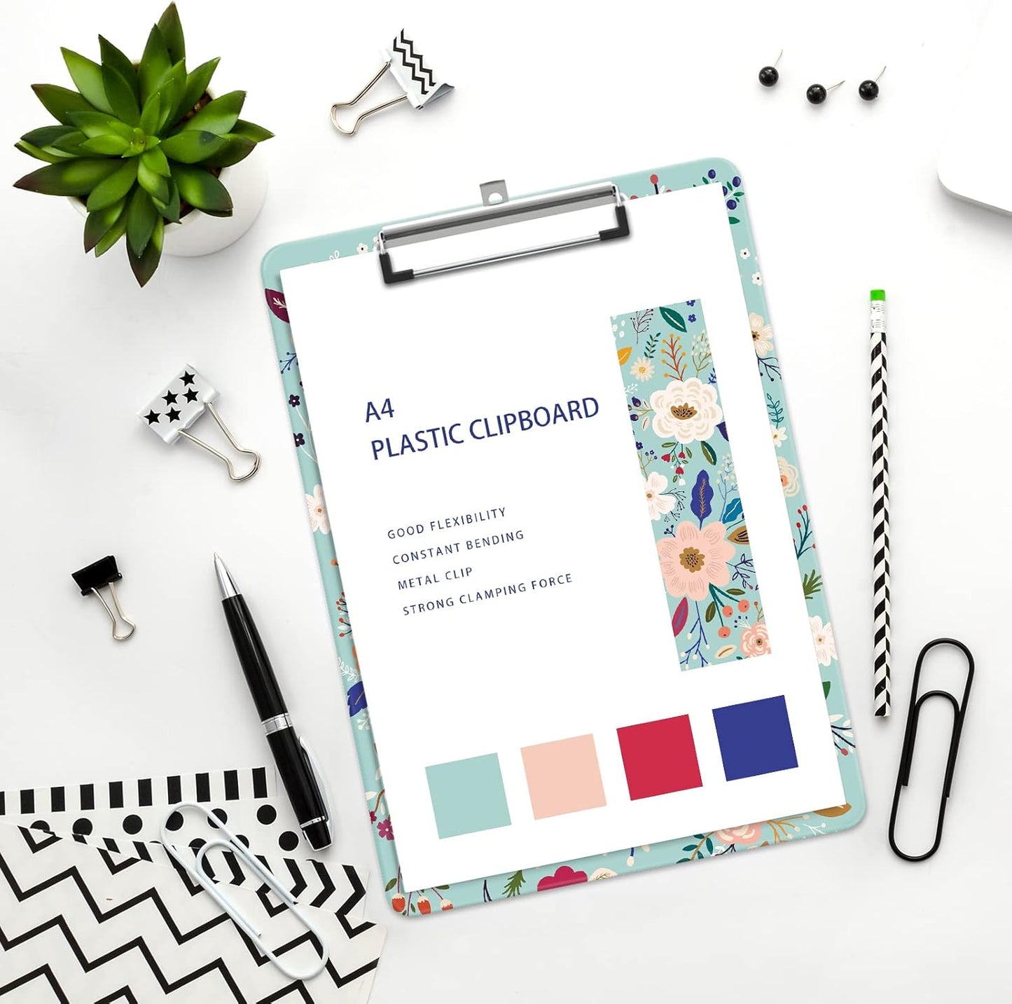 Plastic A4 Clipboards, Cute Clip Board Stardard Letter Size 9 x 12.5 in, Office Decorative for Students Women Men and Kids, Green Flower