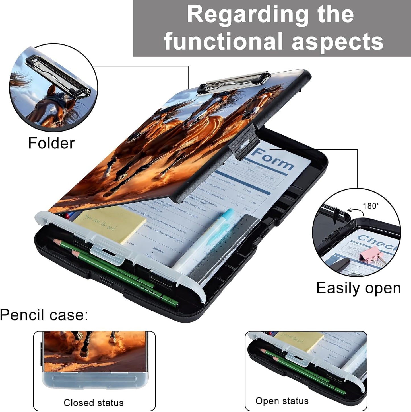 Clipboard with Storage - Large Capacity,Nursing Clipboard with Pen Holder,Heavy Duty,Plastic Side-Opening Folder for Teacher,Nurse - Brown Running Horses