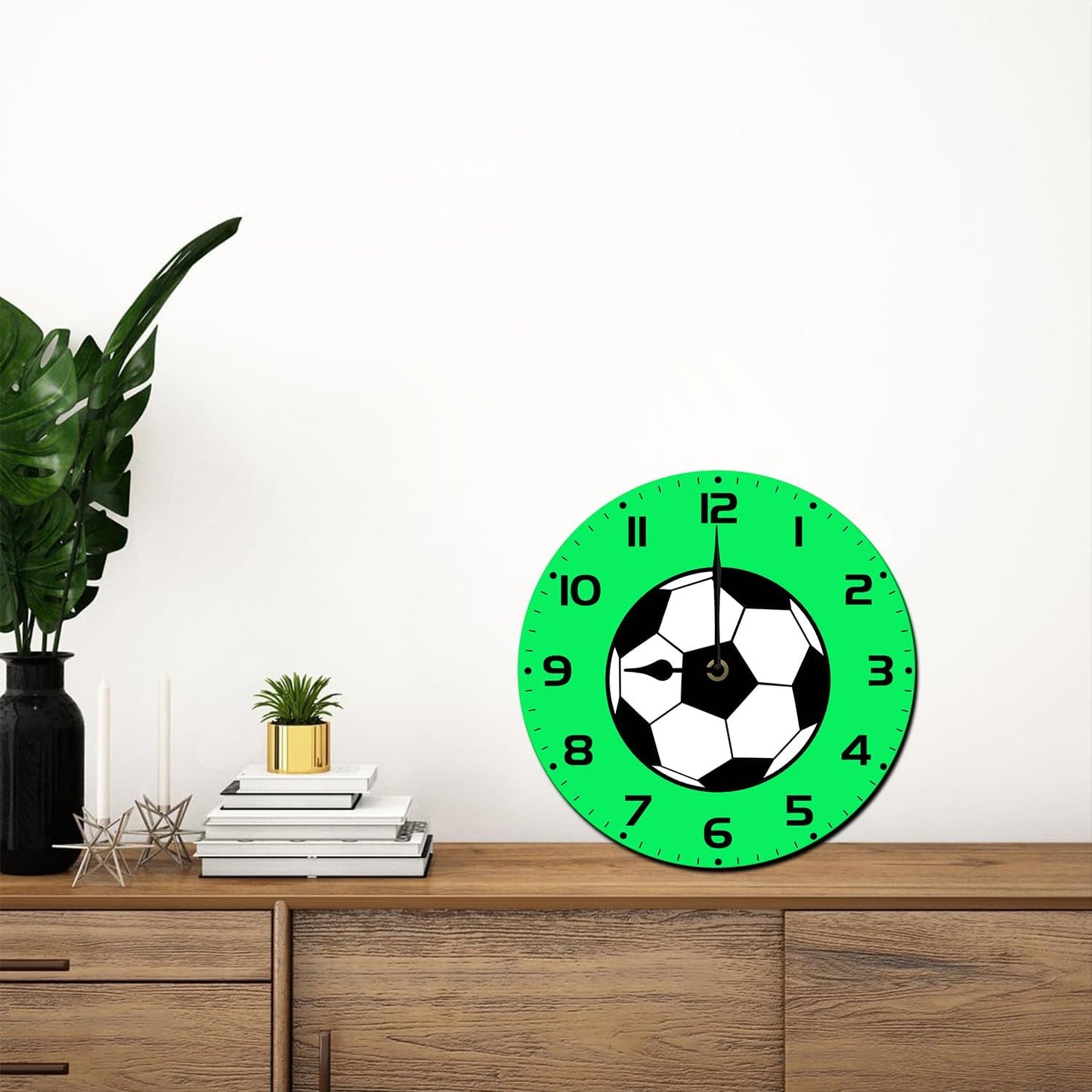Soliyoahee Football Clock Round Wooden Wall Clock Home Decor Silent No Tick Battery Powered for Living Room Bedroom Kitchen Bathroom 10inch