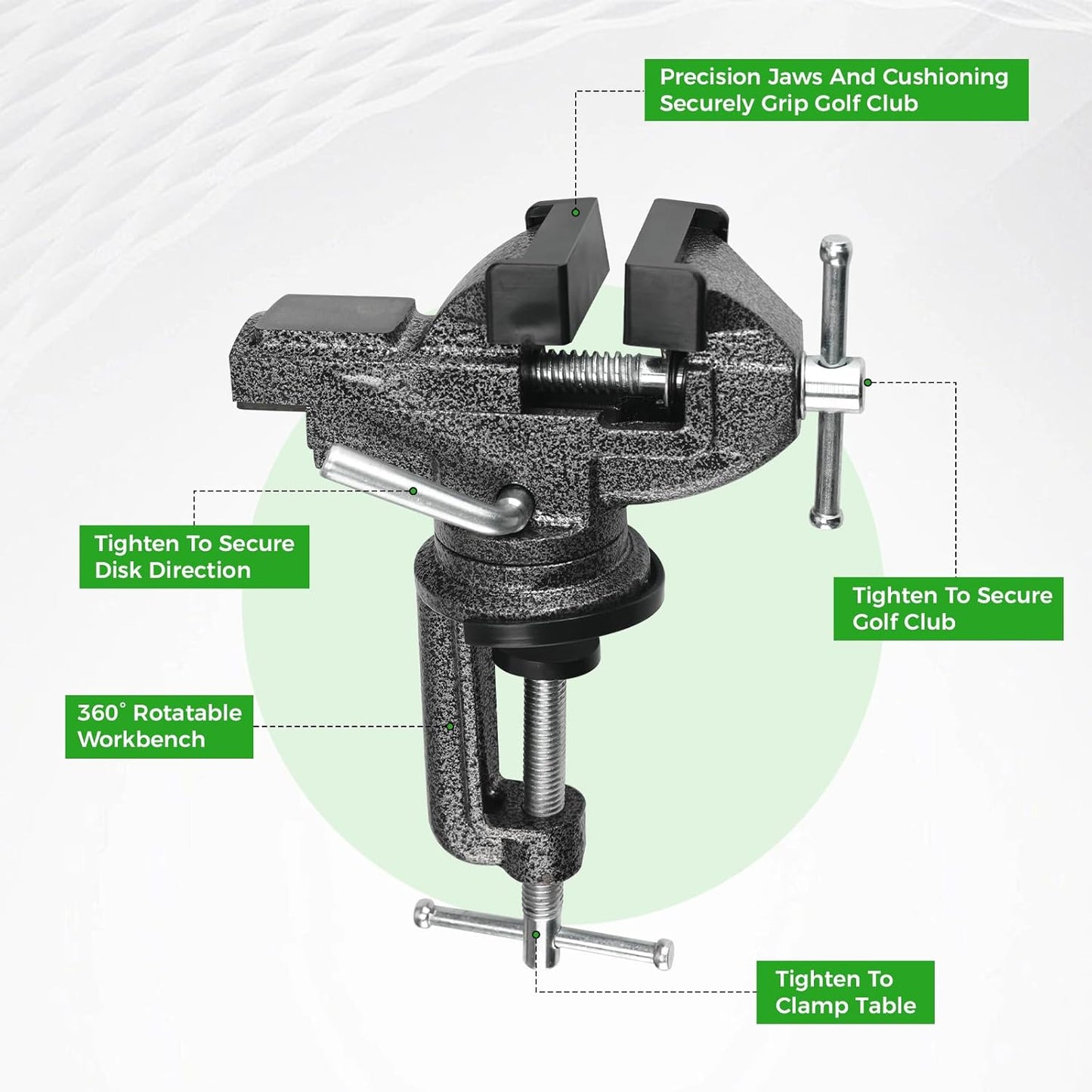Golf Club Grip Vise Clamp Kit for Regripping, Removal & Replacement with 360-Degree Rotation Table Vise, 15 Double-Sided Tapes, Hook Knife, Scraper Knife, Gloves (No Solvent)