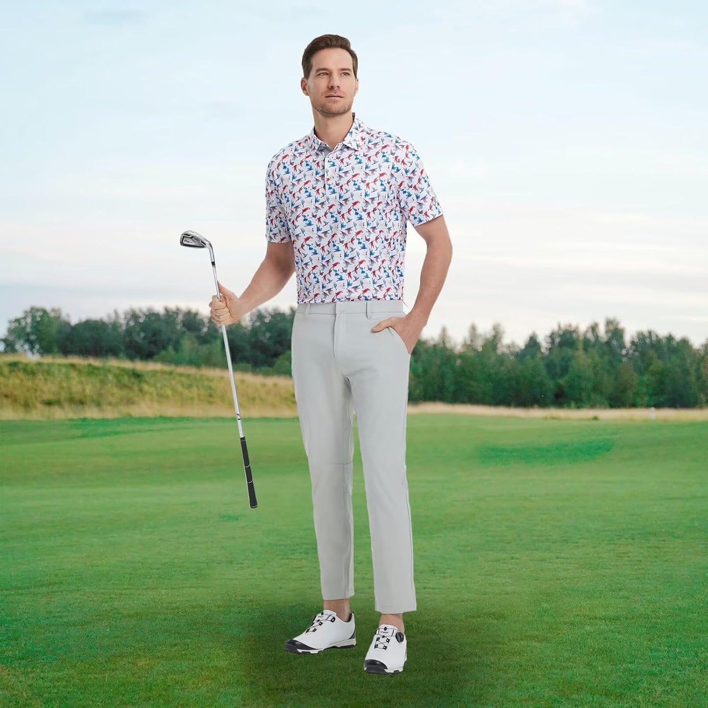 M MAELREG Mens Golf Shirt Short Sleeve Dry Fit Print Moisture Wicking Performance Patterns Collared Polo Shirt