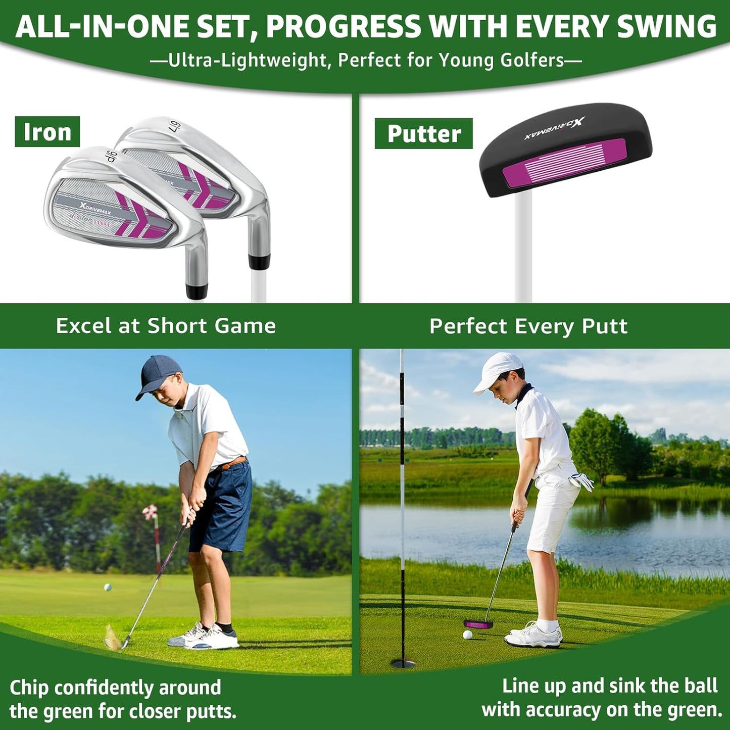 5/6 Pieces Kids Golf Club Set, Junior Golf Club Set Ages 4-12 Includes Stand Bag, 1# Drive, 5# Hybrid, 6/7#, 9/P# Irons and Putter Right Hand for Boys Girls