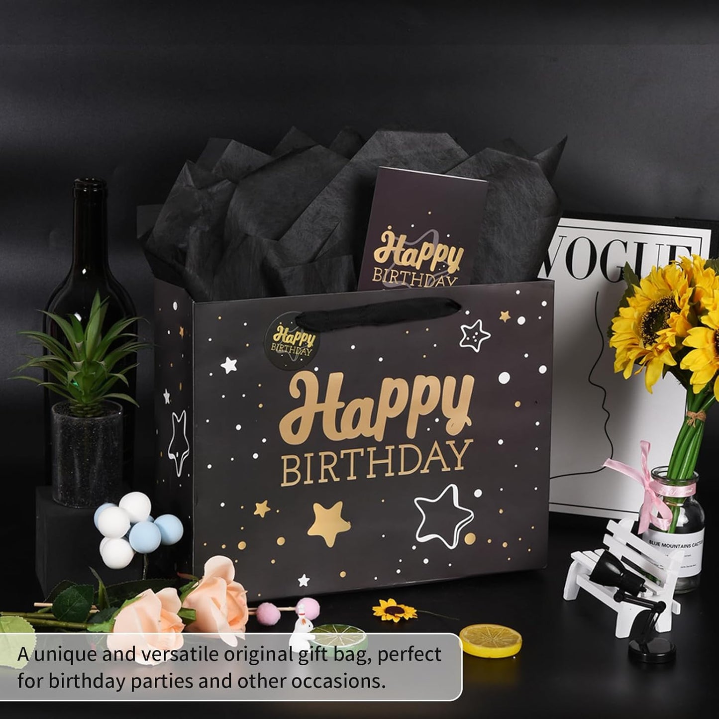 Black Birthday Gift Bag with Tissue Paper and Greeting Card, 13'x10.2'x4.9', Medium (1-Piece Set, Black Starry Sky, Unisex, Includes Card, Ribbon, Crinkle Paper)