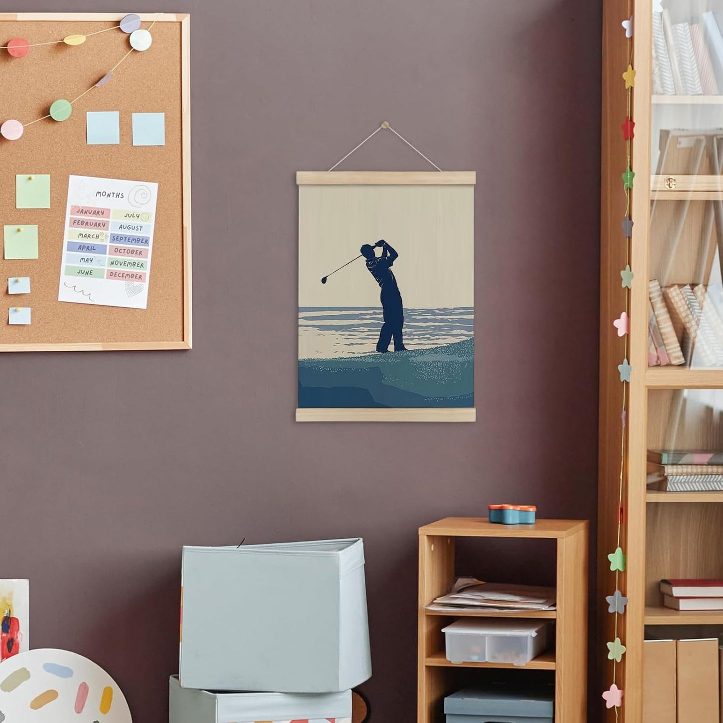 bitCNY Golf Swing Wall Art Print, Coastal Sport Silhouette Canvas Poster with Wooden Frame, Beach Style Hanging Decor for Office, Study, or Man Cave