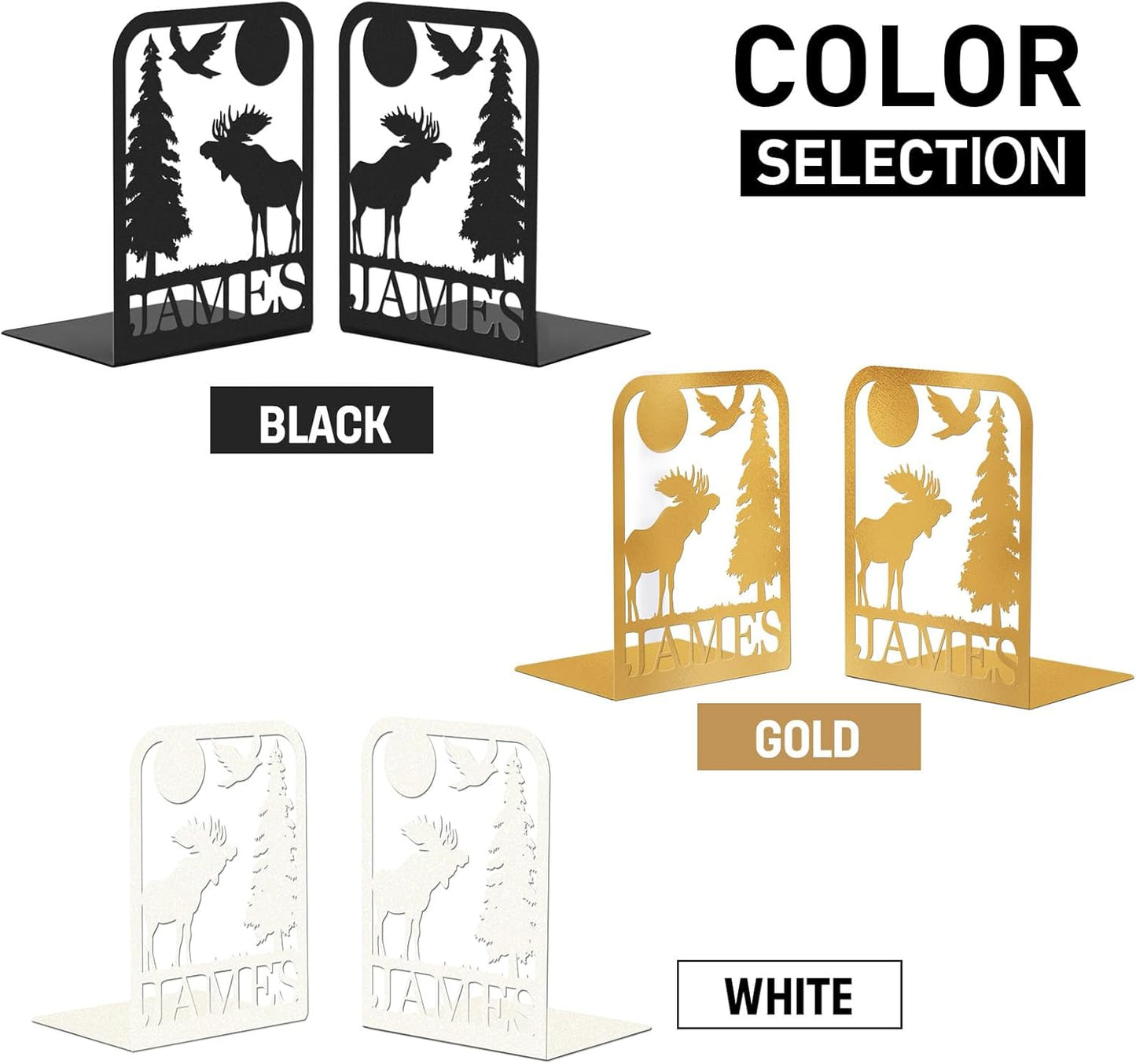 Custom Deer Metal Book Ends 2 Pcs, Forest Theme Bookends for Shelves Decorative, Heavy Duty Bookend Stopper, Deer Cabin Decor, Book Organizer for Desk, Black Book Holders for Home Office, Hunter Gifts