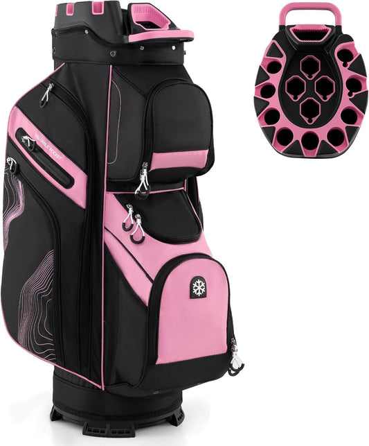 Goplus Lightweight Golf Cart Bag, Molded Lock Top Golf Club Bag w/14-Way Full Length Organizer Dividers, 11 Pockets, Cooler Bag, Straps, Umbrella Holder & Rain Hood for Men Women