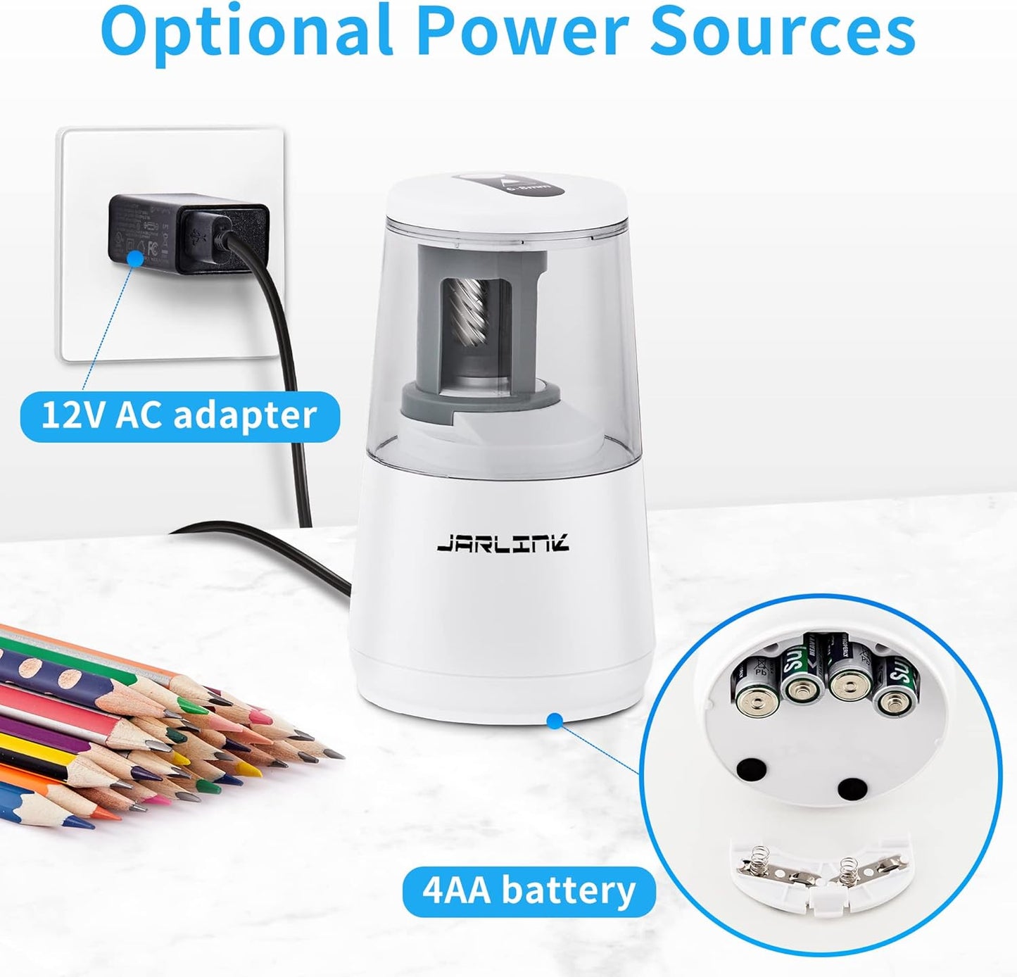 JARLINK Electric Pencil Sharpener, Heavy-Duty Helical Blade to Fast Sharpen, Auto Stop for No.2/Colored Pencils(6-8mm), AC Adapter/Battery Operated in School Classroom/Office/Home (White)