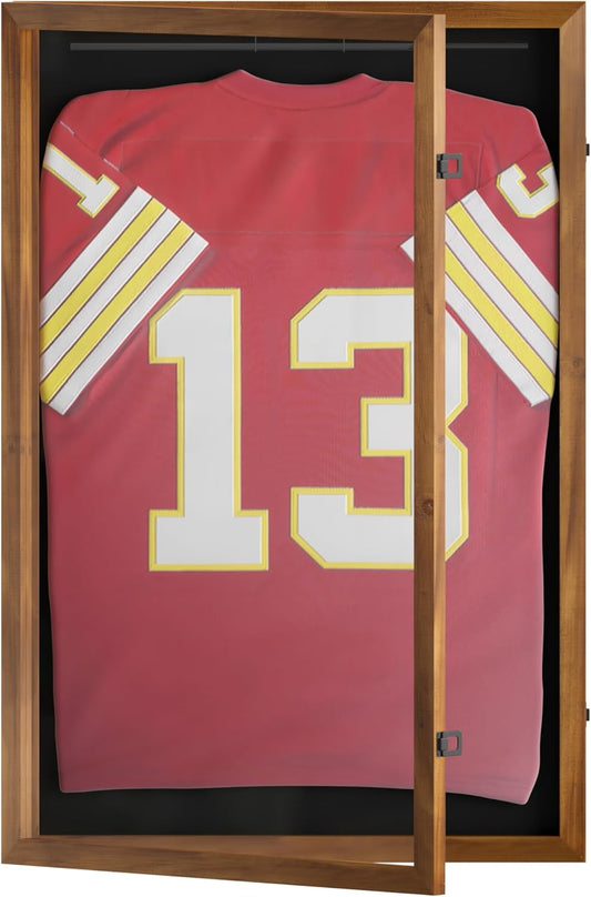 HBCY Creations 24x36 Rustic Brown Jersey Display Case - Solid Wood with Acrylic Window - Anti-Theft Lock with 2 Keys - for All Types of Jerseys