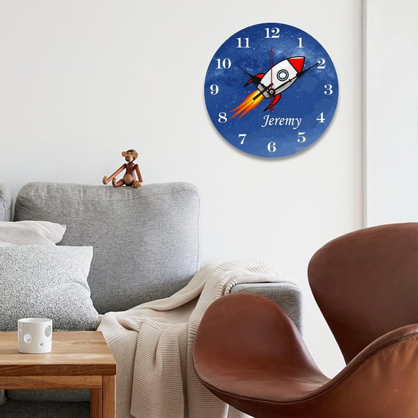 10 inch Personalized Rocket Kids Name Wall Clocks Battery Operated for Kids Bedrooms Nursery School Playroom Decor,Custom Kids Name Wall Clock,Educational Wood Round Clock Silent