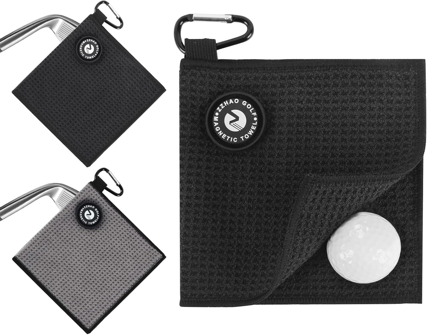 ZZHAO Magnetic Golf Towels,Super Absorbent Microfiber Small Towels with Clip - Industrial Strength Magnet,Lightweight, Scratch-Resistant, 5.5x5.5 In-2Pcs- Black&Gray