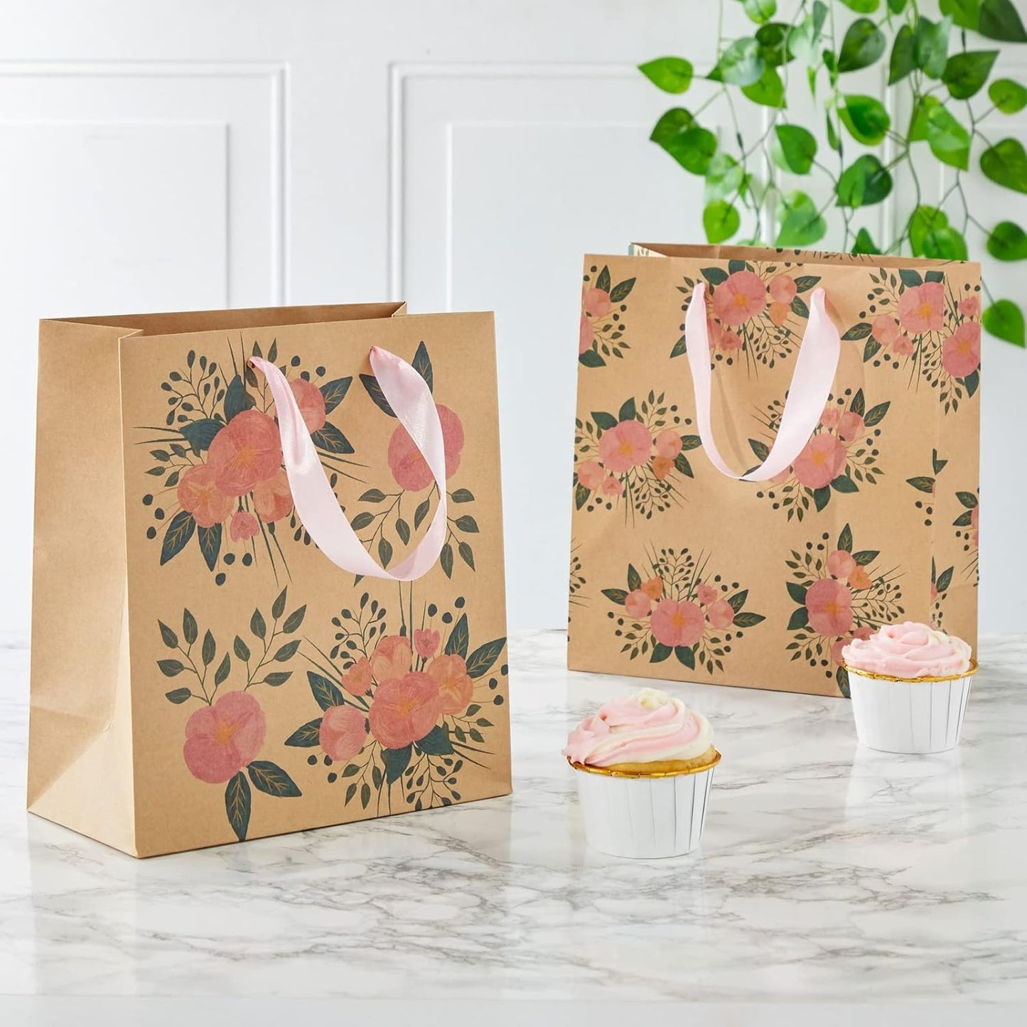 Juvale Floral Gift Bags - 8 x 4 x 9 in - Pink Ribbon Handles - Durable Paper with Reinforced Bottom - For Party Favors & Return Gift Bags