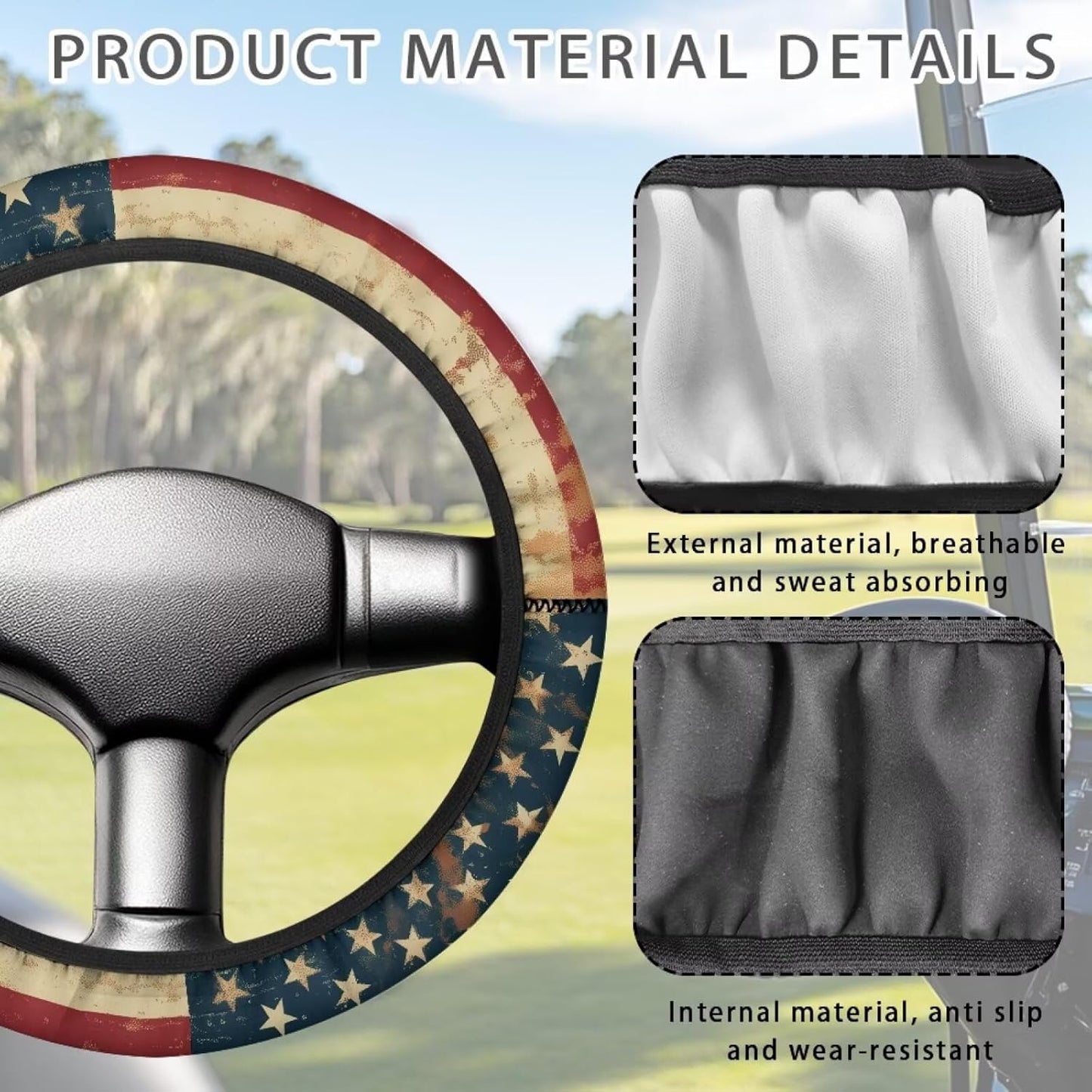 Retro Golf Cart Steering Wheel Cover American Flag Stretch Elastic Golf Cart Steering Wheel Covers, Anti-Slip Universal Fit Club Car Accessories 13-14 Inch Interior Decor