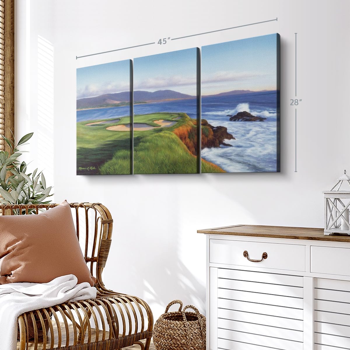 ElephantStock Pebble Beach 7th Hole Wall Art - Horizontal Canvas - 3-Piece Living Room Wall Decor - Painting Sports Canvas Print - Green and Blue Decor for Wall by Marci Rule - 45" X 28"
