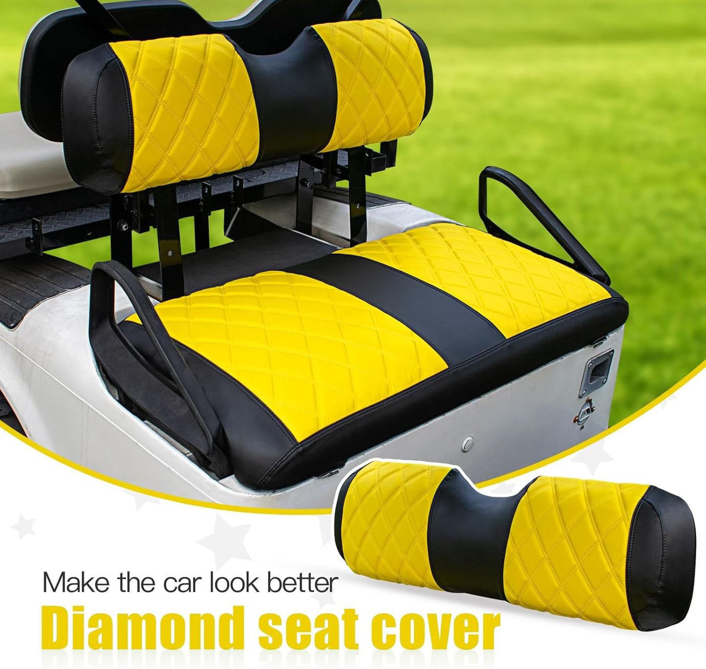 NOKINS Golf Cart Diamond Seat Covers Kit, Fit for EZGO TXT 1994-2013/EZGO RXV OEM Standard Front Seat Cushion, Golf Cart Vinyl Seat Cover, No Nails Required (Yellow and Black)