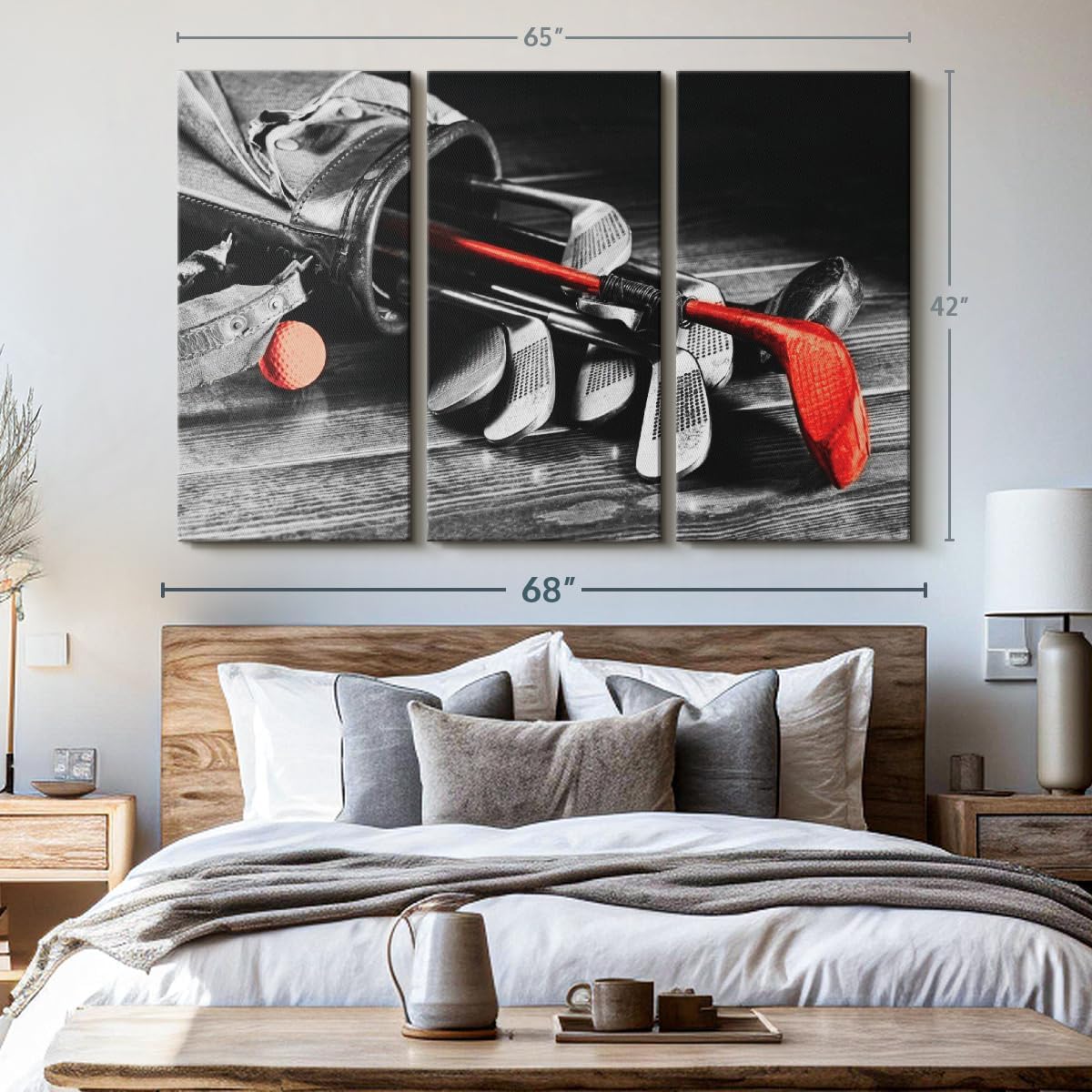 ElephantStock Golf Equipment Pop Wall Art - Horizontal Canvas - 3-Piece Living Room Wall Decor - Photography Sports Canvas Print - Black and Gray Decor for Wall - 65" X 42"