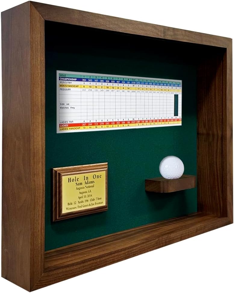 Hole in One Shadowbox and Golf Ball Display Case | Personalized Engraved Plate | Holds Golf Ball and Scorecard or Photo | Horizontal Layout | Walnut Finish | Wall Mounted