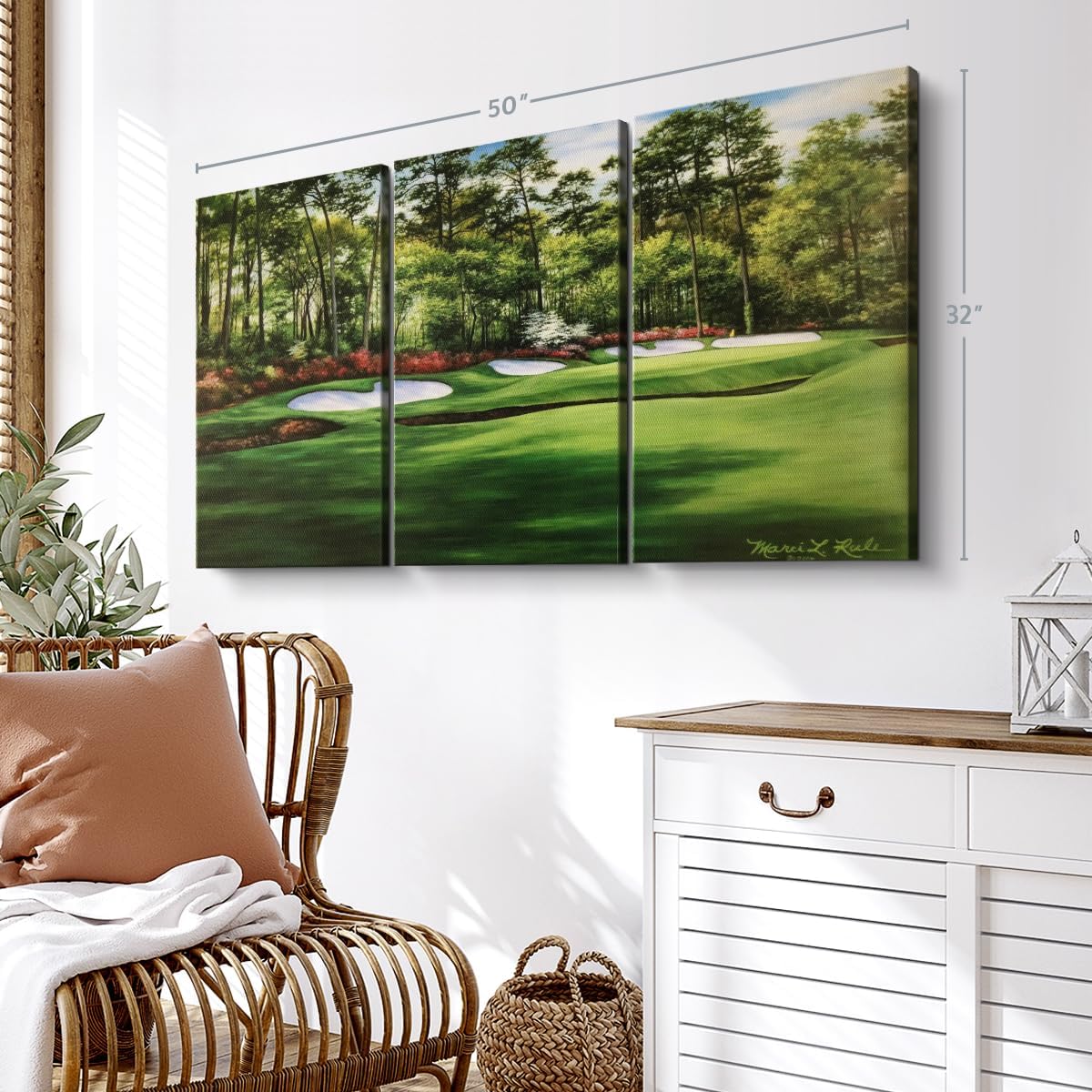 ElephantStock Augusta National 13th Hole I Wall Art - Horizontal Canvas - 3-Piece Living Room Wall Decor - Painting Sports Canvas Print - Green and Red Decor for Wall by Marci Rule - 50" X 32"