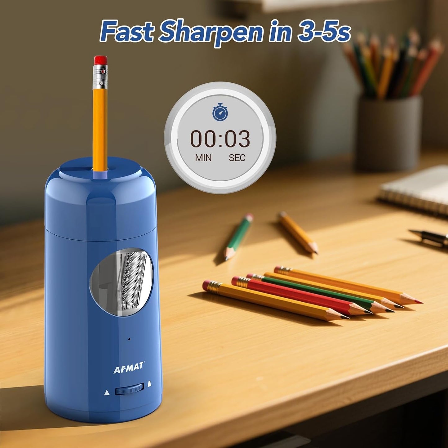 AFMAT Electric Pencil Sharpener, Rechargeable Fully Automatic Pencil Sharpener for Jumbo & Colored Pencils (7-11.5mm), Auto in/Out, Hands-Free, Portable for Home/Classroom/Office PSX6(Blue)