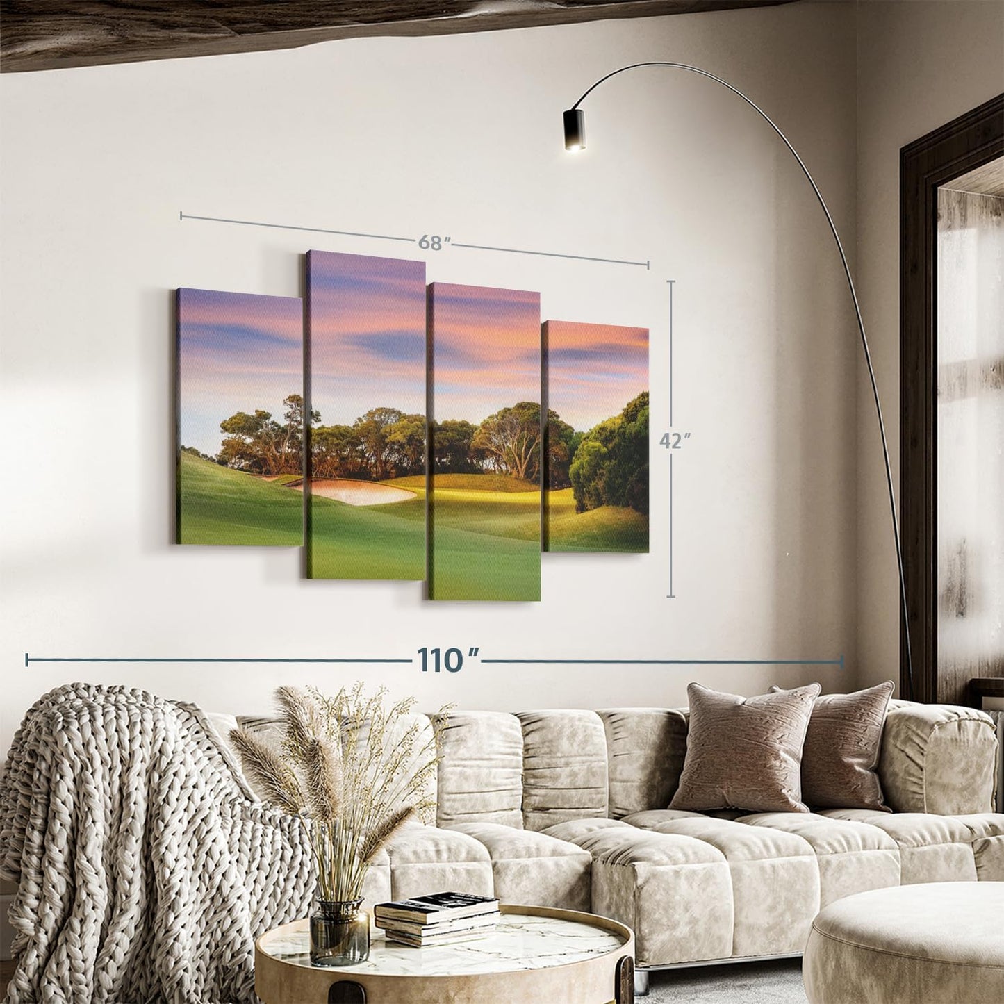 ElephantStock Golf Course Sundown Wall Art - Horizontal Canvas - 4-Piece Living Room Wall Decor - Photography Sports Canvas Print - Orange and Blue Decor for Wall - 68" X 42"