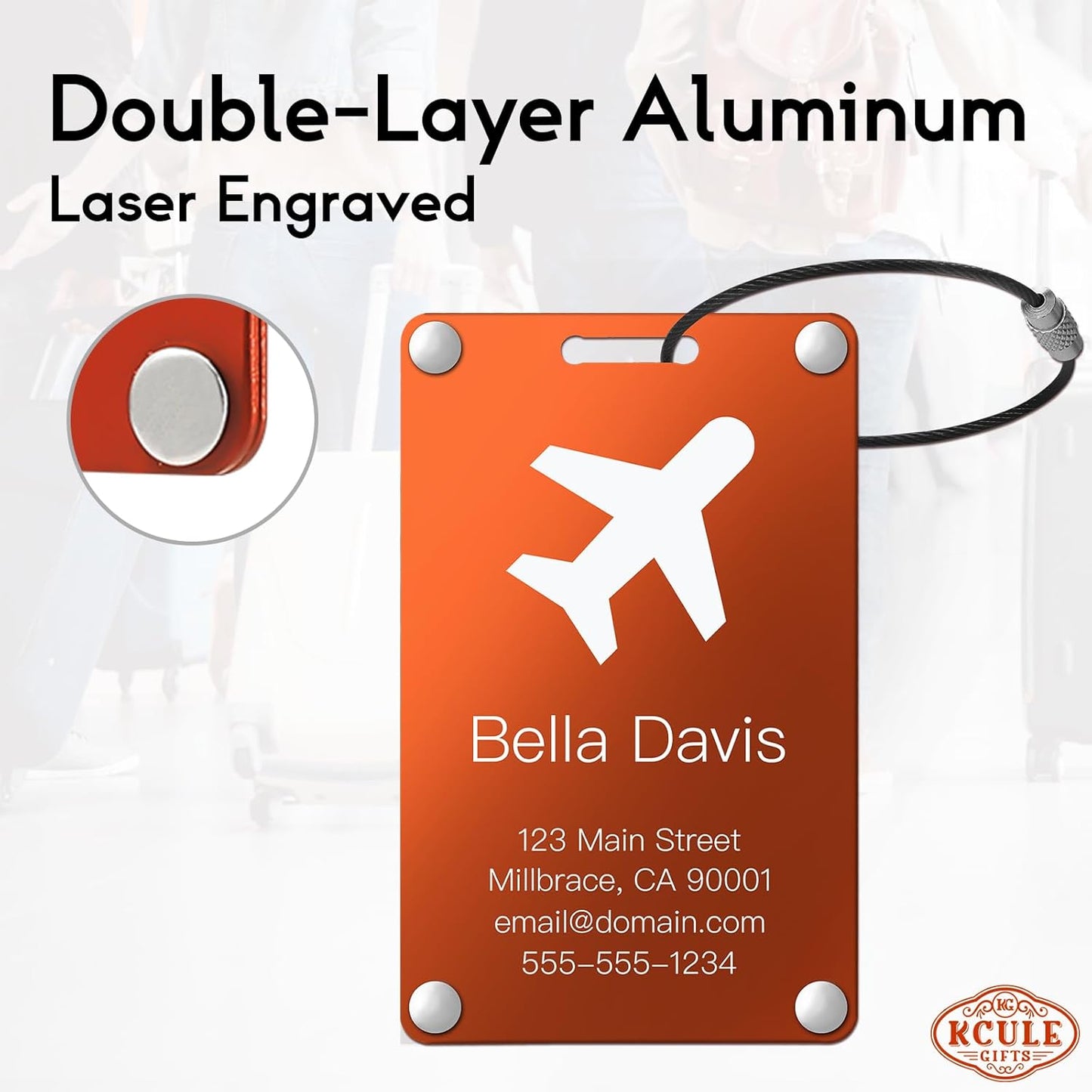 Personalized Luggage Tags: Custom Metal Luggage Tags for Suitcases, Backpacks and Bags with Your Personalized Text (Orange)