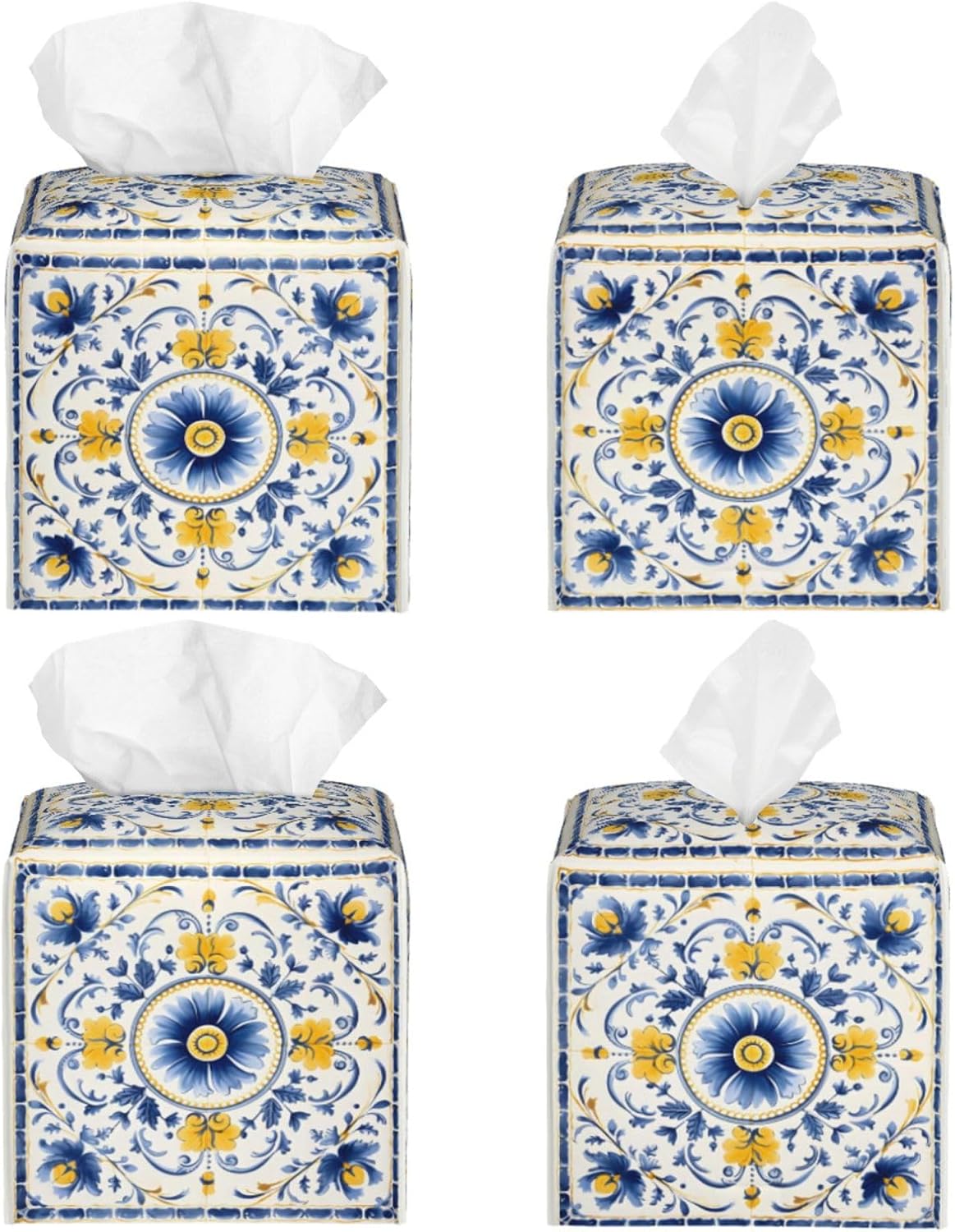Tissue Box Cover Blue Yellow Antique Tiles Ornament Square PU Leather Tissue Box Holder for Car Bathroom Bedroom Desk Tabletop Decor