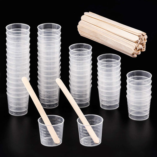 WXJ13 50 Pack 30ml Plastic Reusable Graduated Cups Transparent Scale Cups with 50 Pack Wooden Stirring Sticks for Mixing Paint, Stain, Epoxy, Resin
