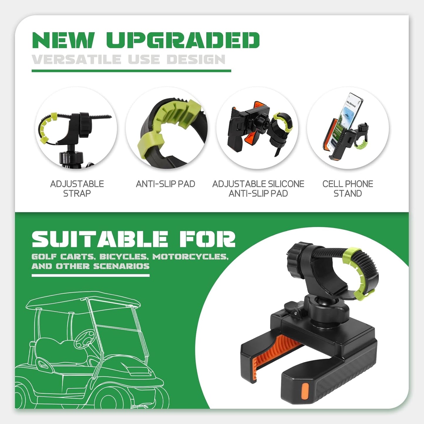 Golf Cart Phone Holder for EZGO Club Car Yamaha, Widely Use for Golf Push Cart Motorcycle Bike Treadmill Scooter Phone Mount, Compatible with iPhone/Samsung/Pixel All Phones, Golf Cart Accessories