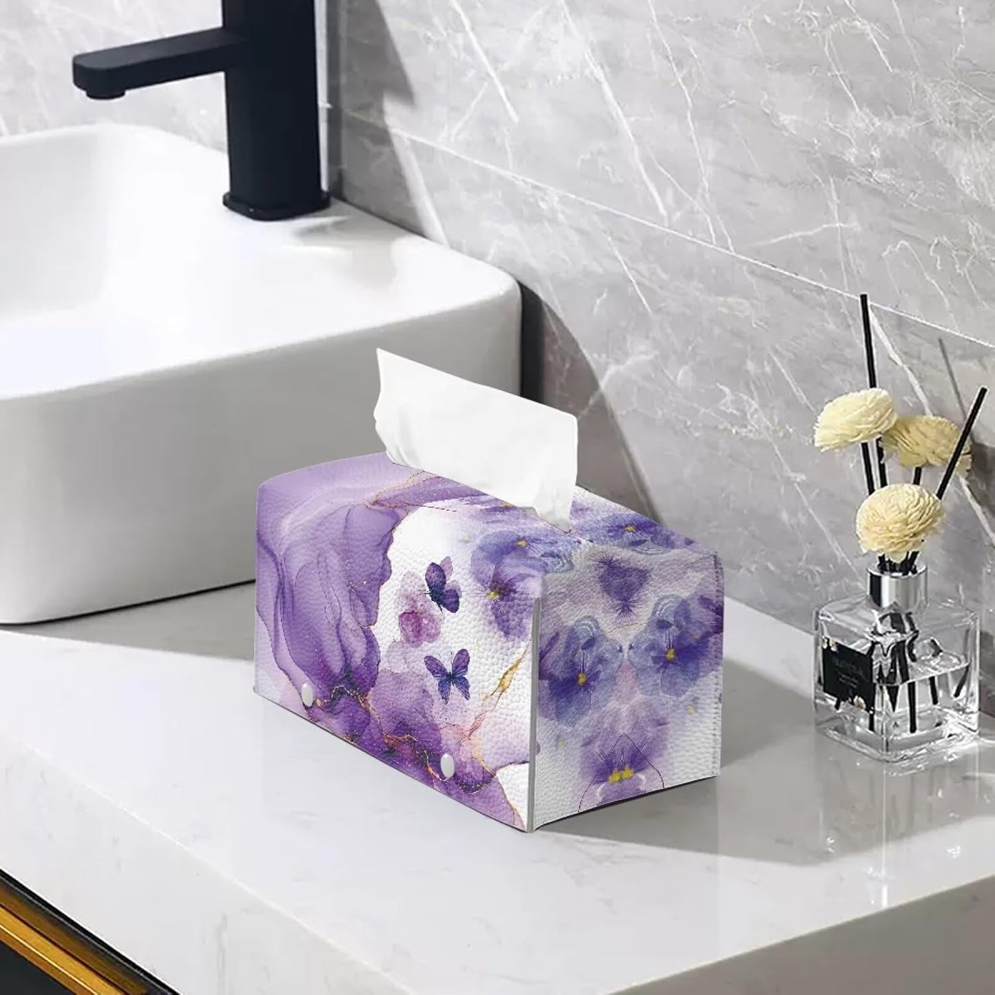 Purple Marble Print Tissue Box Cover Rectangle Marble Floral Tissue Box Cover PU Leather Tissue Cover Decorative Organizer Tissue Box for Home Car Hotel Office Indoor Decorations
