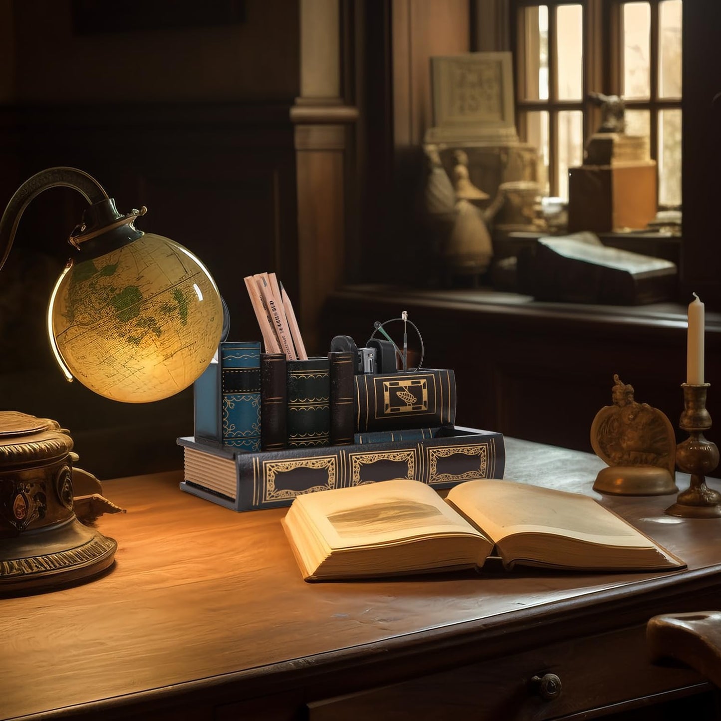 VERGOODR Decorative Pencil and Pen Holder with Storage Drawer, Wooden Desk Organizer Caddy, Antique Library Books Design Pen Cup for Office Supplies, Countertop, Desk,Table (Reddish brown)