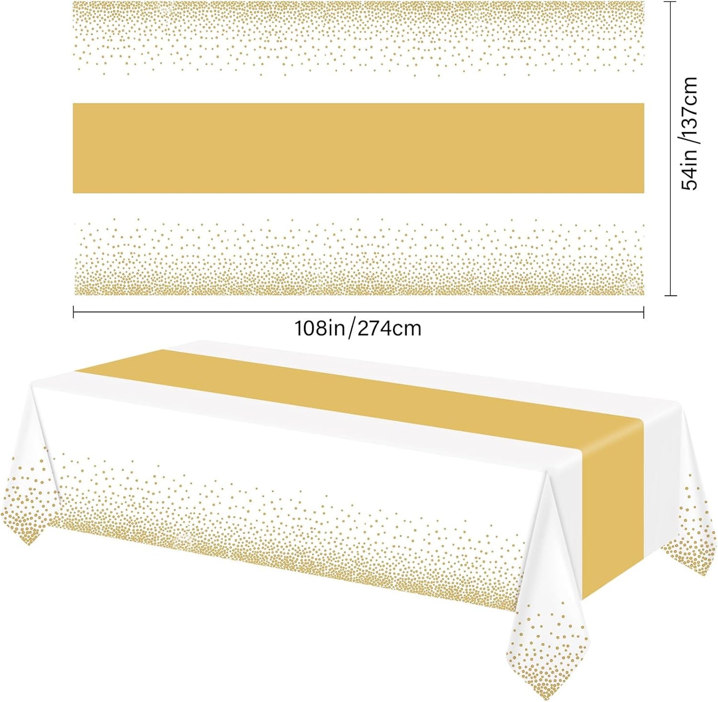 6 Pack Rectangle Plastic Dot Tablecloth Set, 54 X 108 Inch Plastic Table Cover, 12 x 108 Inch Satin Table Runners for Wedding Graduation Birthday New Year Party Decorations (White, Gold)