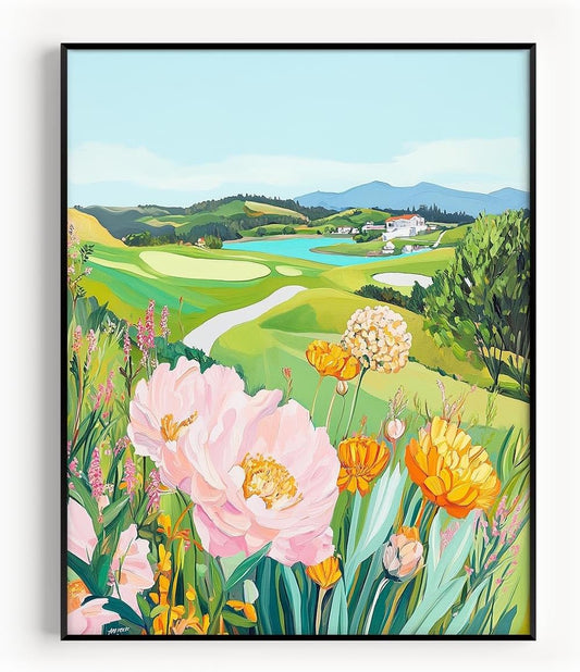 Golf Course Floral Pastel Art Print Posters - Premium Giclee Fine Art Prints - Golf Course Home Decor Posters, Golfer Art Prints for Home and Office Decor - Vintage Aesthetic, Ready to Frame