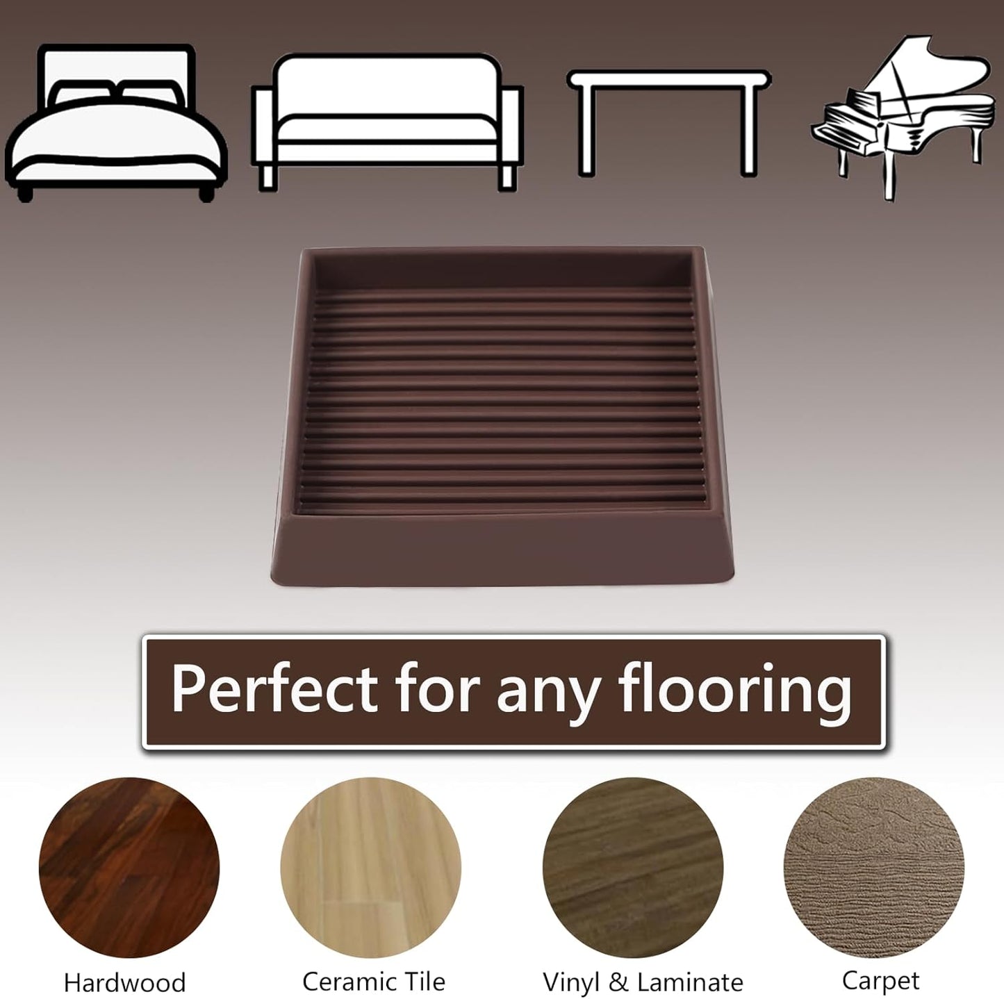 3x3 Square Rubber Furniture Caster Cups, Anti-Sliding Furniture Pads Bed Stopper Floor Protectors with Grip - Protect Any Flooring