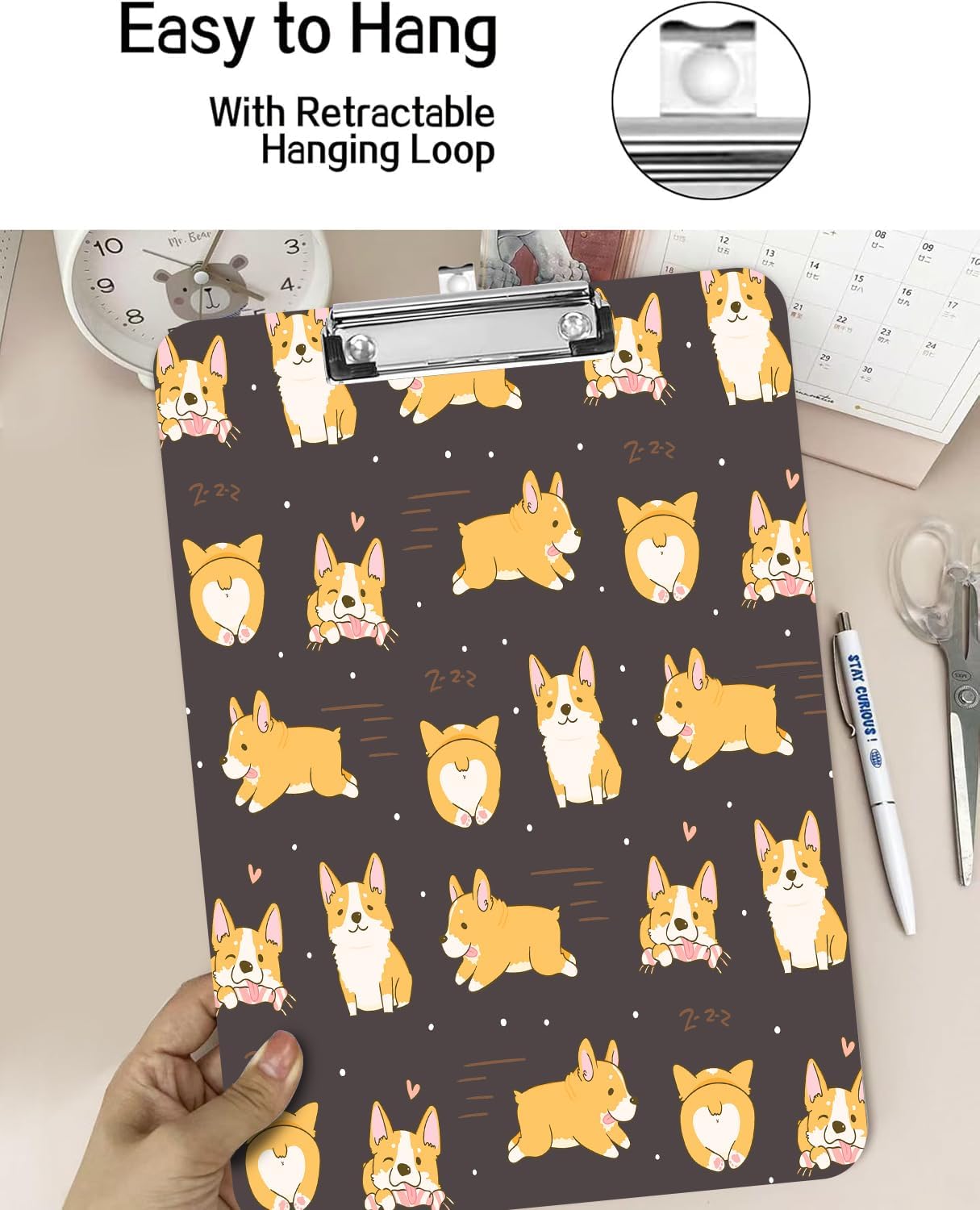 Fashion A4 Clipboard, Standard Letter Size 9" x 12.5", Decorative Wooden Clipboard with Low Profile Metal Clip for Office, School, Teachers, and Students, Kawaii Corgi Dogs