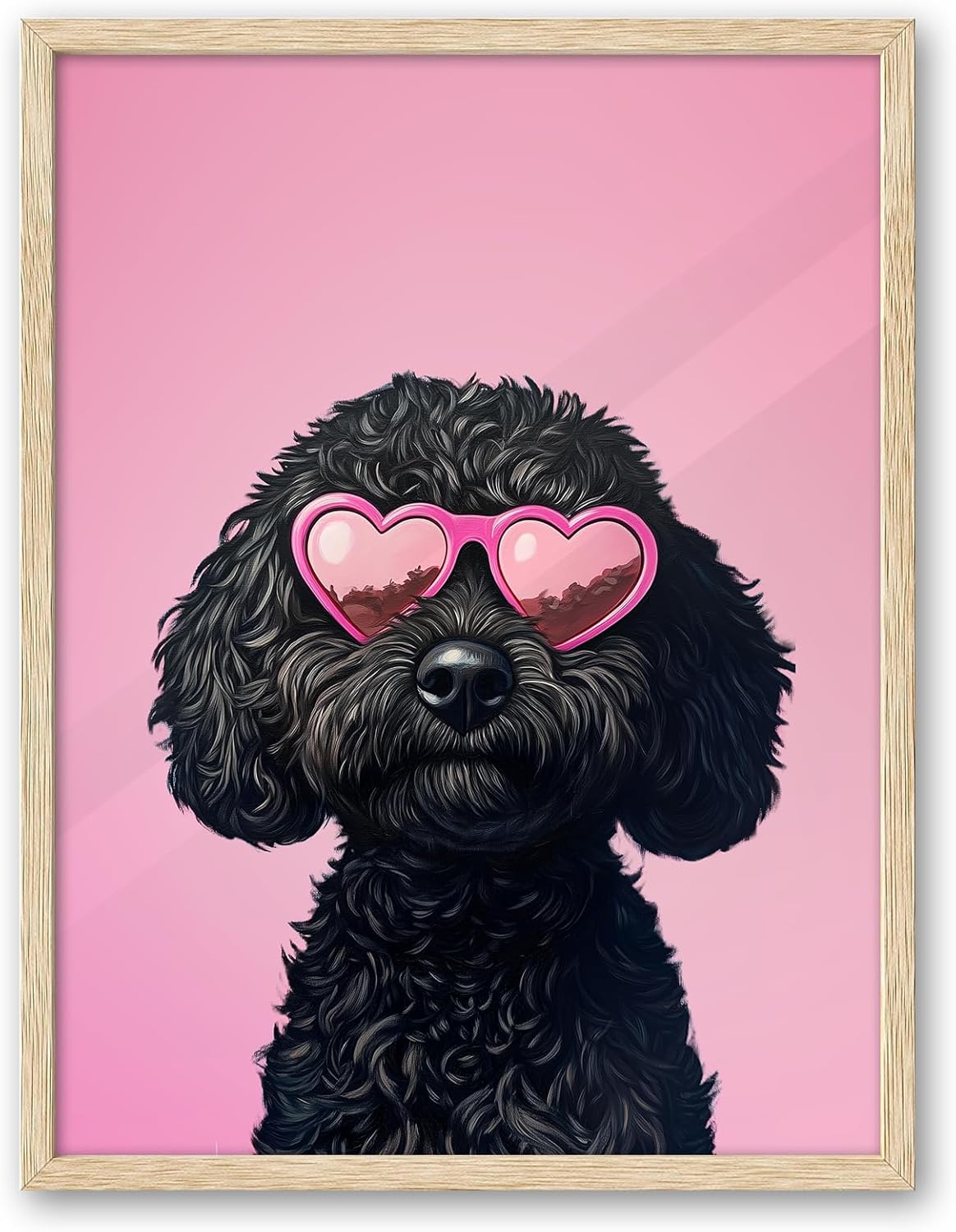 iHery Natural OAK Wood Black Goldendoodle Dog Framed Wall Art, 12x16in Funky Preppy Heart-Shaped Glasses Canvas Wall Art Decor For Bedroom, Cute Dog Prints Apartment Bathroom Living Room Set of 1