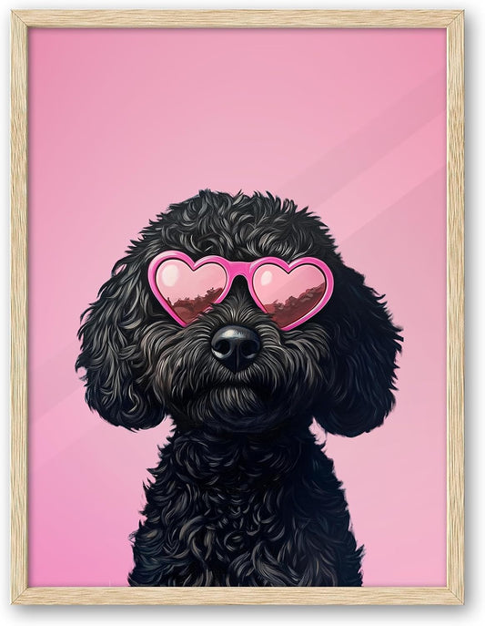 iHery Natural OAK Wood Black Goldendoodle Dog Framed Wall Art, 12x16in Funky Preppy Heart-Shaped Glasses Canvas Wall Art Decor For Bedroom, Cute Dog Prints Apartment Bathroom Living Room Set of 1