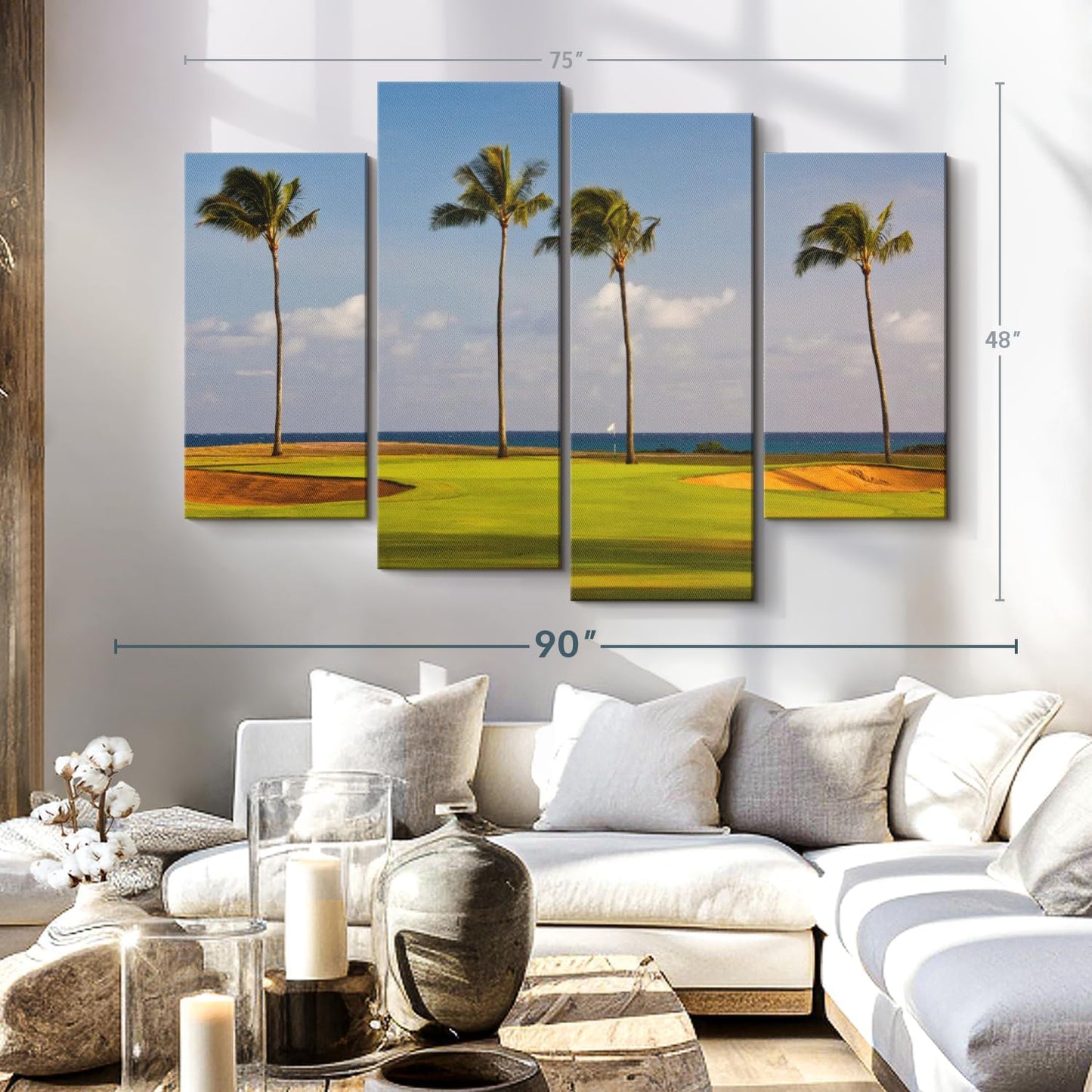Elephant Stock Hawaiian Golf Course Wall Art - Horizontal Canvas - 4-Piece Living Room Wall Decor - Photography Sports Canvas Print - Green and Yellow Decor for Wall - 75" X 48"