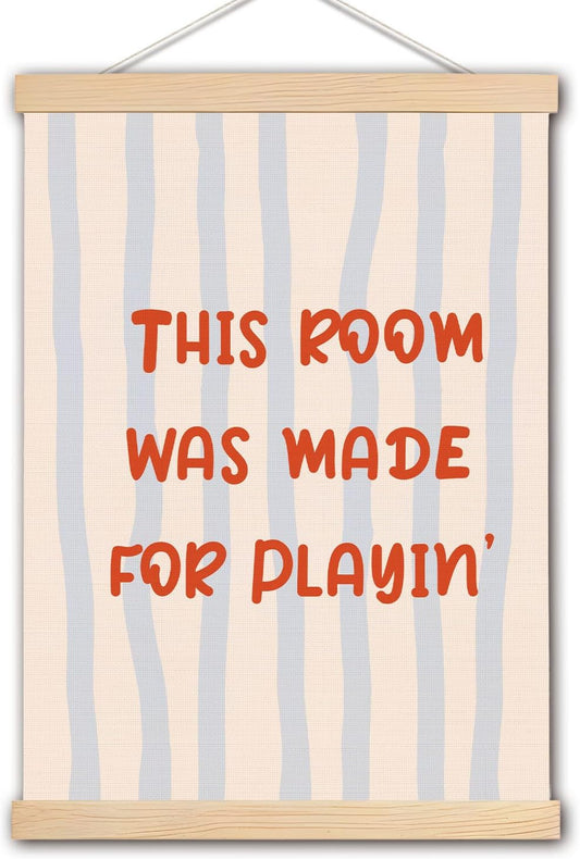 pouep Light Blue and Beige Striped Playroom Wall Art Poster, This Room was Made for Playin' Canvas Prints Wall Decor for Toddler Kids Bedroom Playroom Nursery, 12x16 Inches