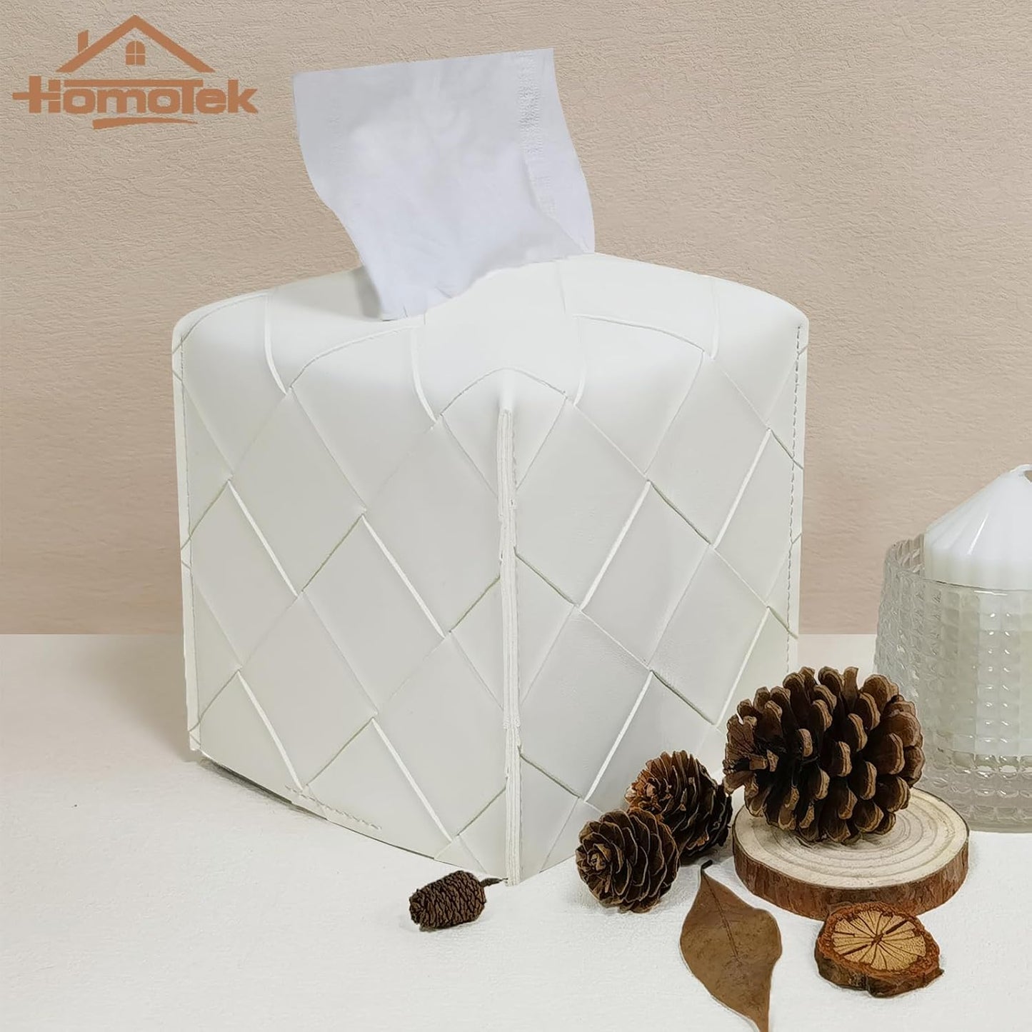 HOMOTEK 2 Pack Tissue Box Cover, PU Leather Tissue Holder,Square Decorative Facial Tissue Cube Paper Organizer Dispenser for Bathroom, Night Stands, Desk, Car 5X5X5'' - Woven Textured, White Ivory