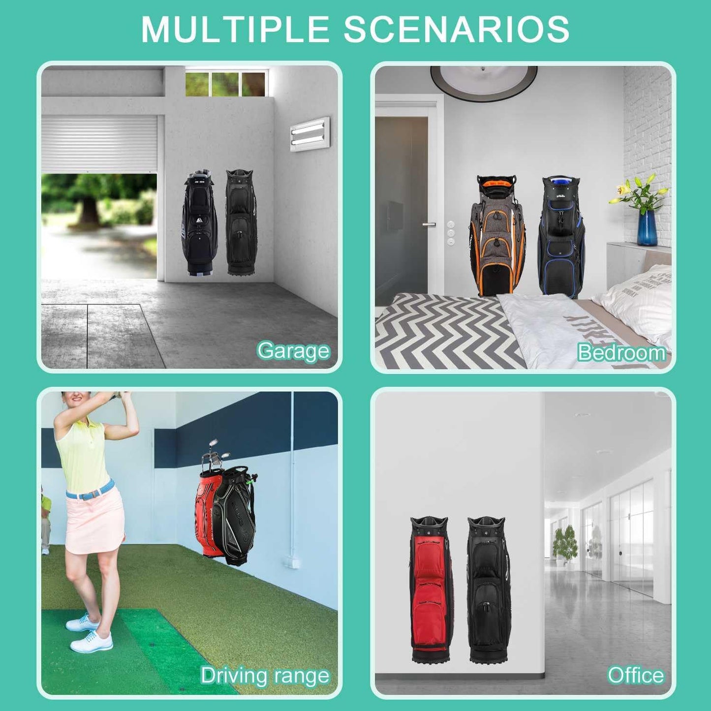 Wall Mounted Golf Bag Hook, 2 Bags Storage Racks Perfect for Garage Organization, Space Saving Hanging Organizer (Black)