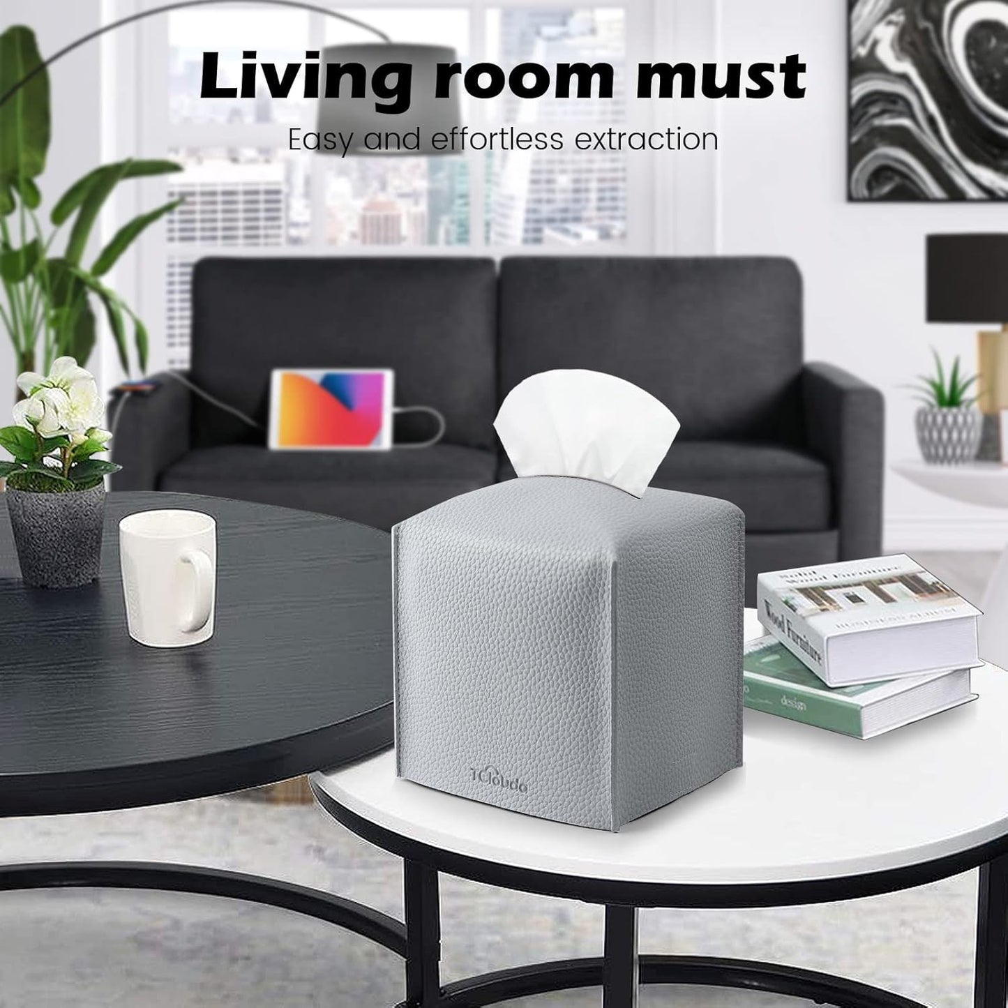 Tissue Box Cover, Tclouda, Modern PU Leather Square Tissue Box Holder for Creative Decorative, Ideal for Bathrooms/Office/Car/Nightstand/Outdoor Tent/Dining Table, 5"X5"X5", Single Gray