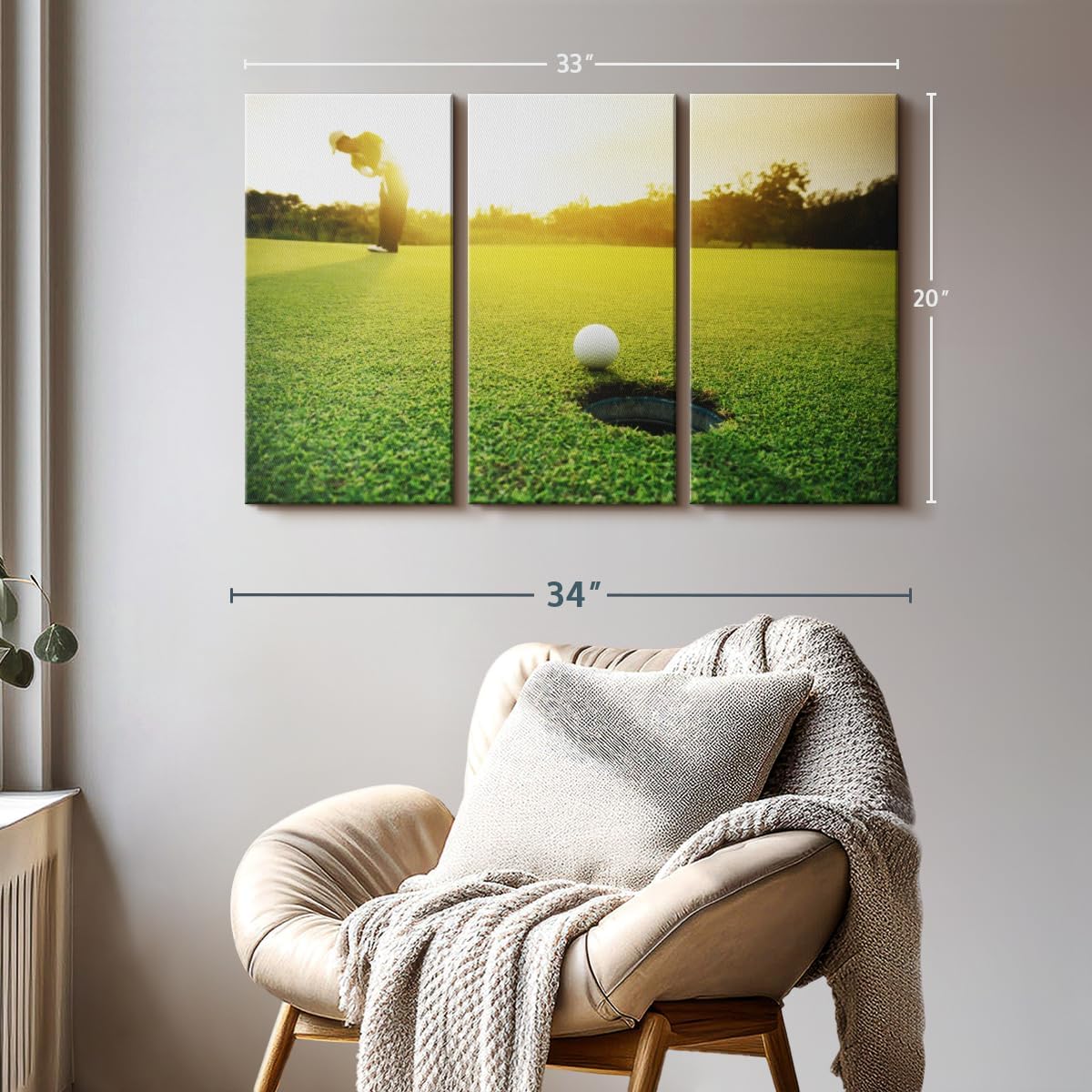 ElephantStock Golf Ball Strike Wall Art - Horizontal Canvas - 3-Piece Living Room Wall Decor - Photography Sports Canvas Print - Green and White Decor for Wall - 33" X 20"
