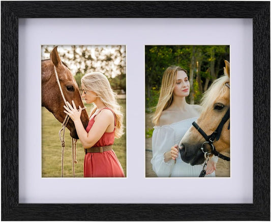 8.5x11 Pine Wood Collage Picture Frame Double 5x7 Picture Frame with Tempered Glass Fits 1Pc Certificate or 2Pcs 5x7 Photos With Mat For Tabletop or Gallery Wall Mounted-Rustic Black