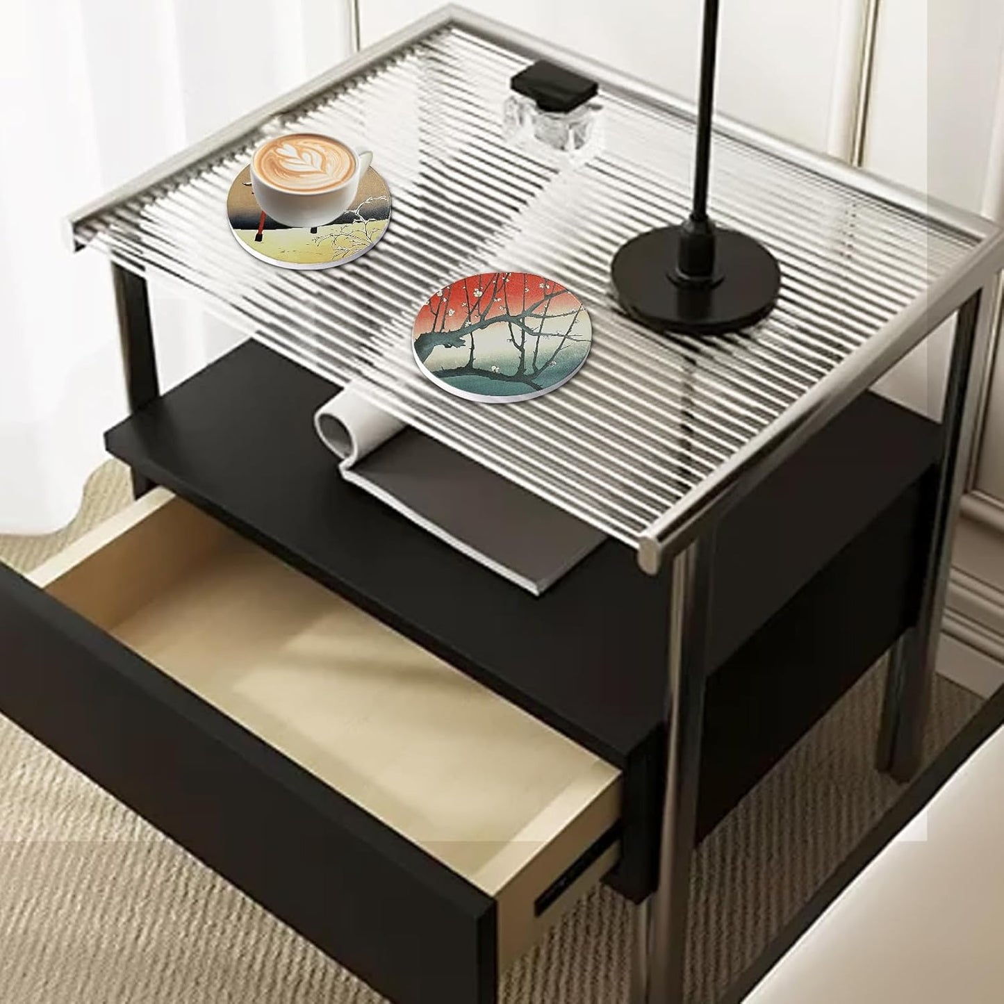 Coasters Absorbent Ceramic Coaster Drink Coasters with Cork Back Japanese Style Ukiyo-e Pattern Set of 6 Round Coaster Non Slip for Coffee Table Wine Glass Home Bar 4 Inch, Colorful