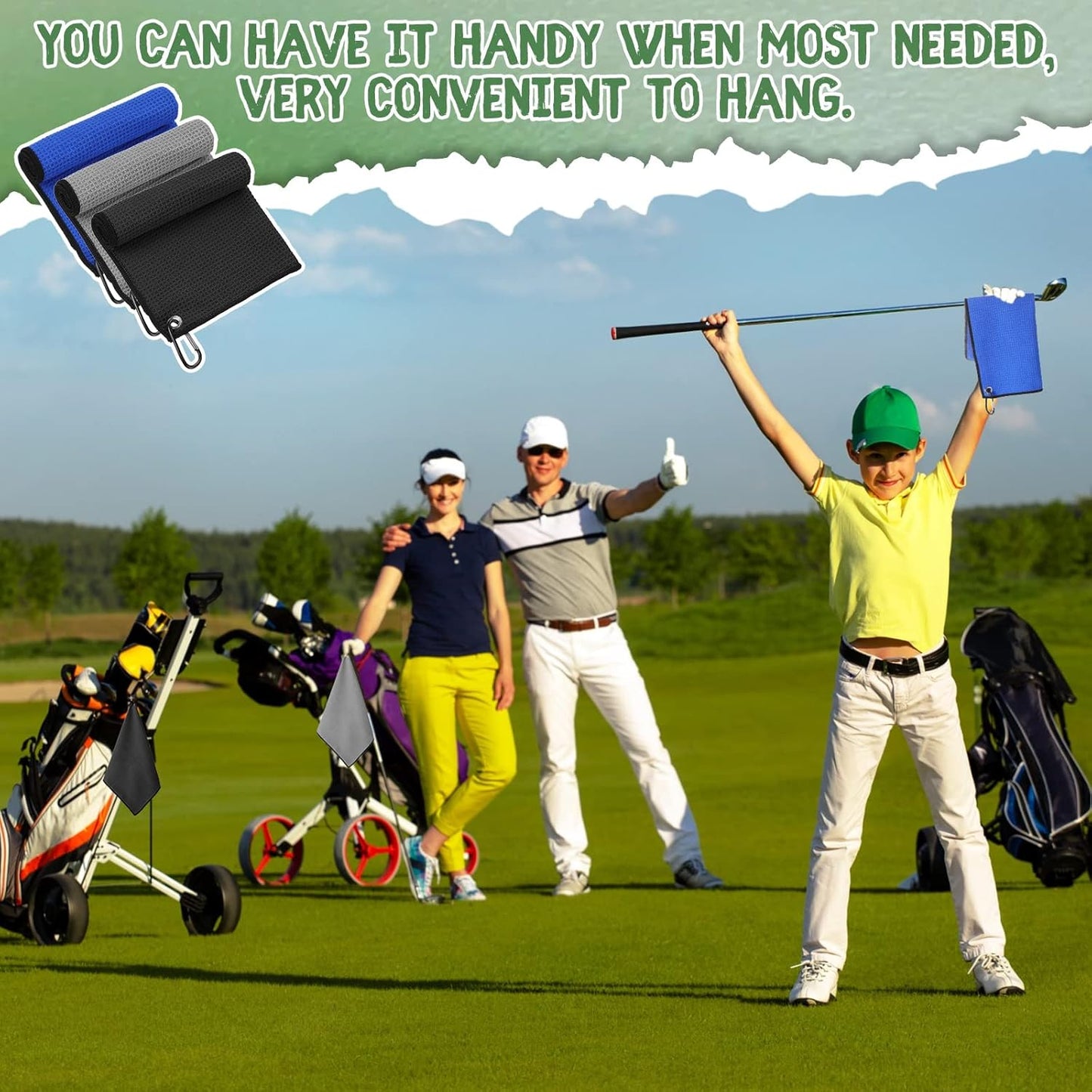 Batiyeer 30 Pcs Bulk Golf Towels for Golf Bags 16'' x 16'' Microfiber Fabric Golf Towel Waffle Pattern with Clip for Bags Men Mini Tournament Fitness Yoga Camping(Black, Blue, Gray)