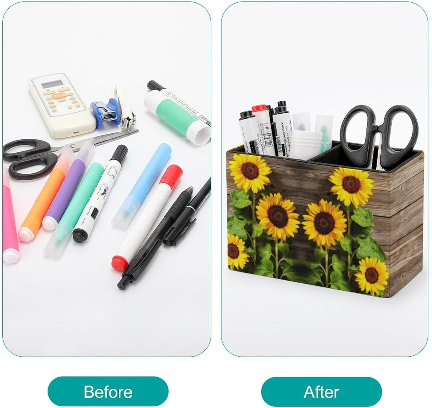 Pen Holder, Pencil Holder for Desk Organizer, Summer Wooden Sunflower PU Leather Pencil Cups Desktop Stationery Storage Makeup Brush Holder Pen Organizer for Office Home