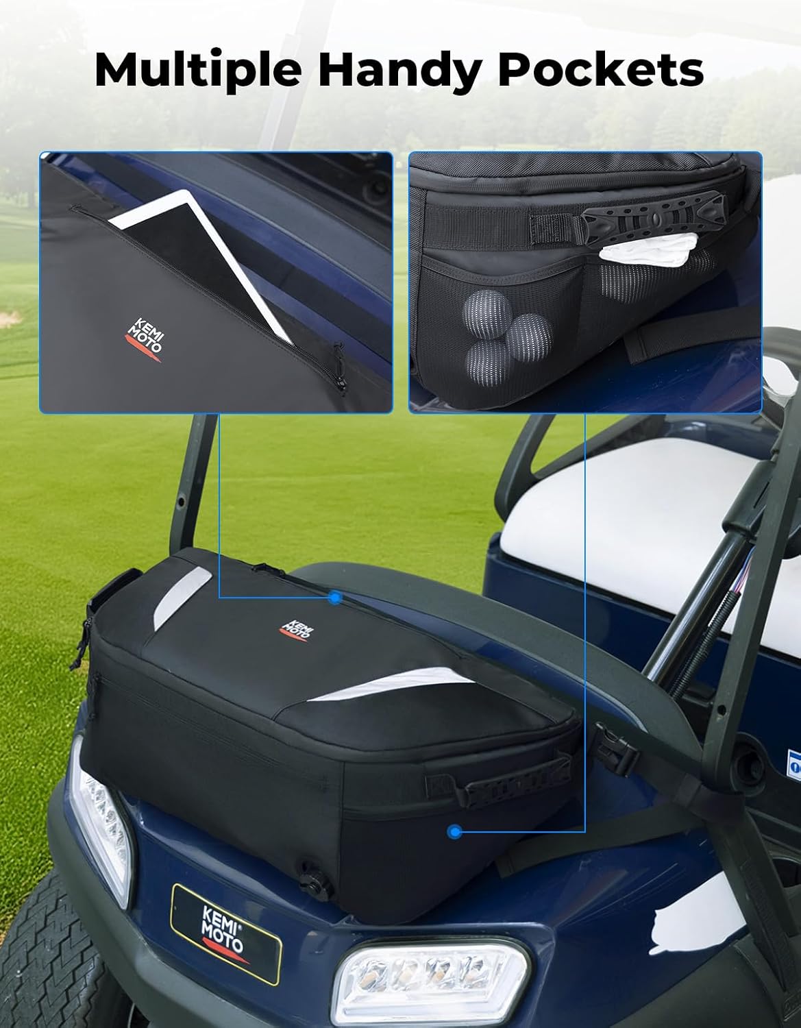 KEMIMOTO Golf Cart Cooler Bag, Fits 20-30 11oz Cans, Insulated with Drain Plug, Reflective Finish, Handy Pockets, Golf Cart Accessories Gifts for Golfers Men, Compatible with EZGO Club Car