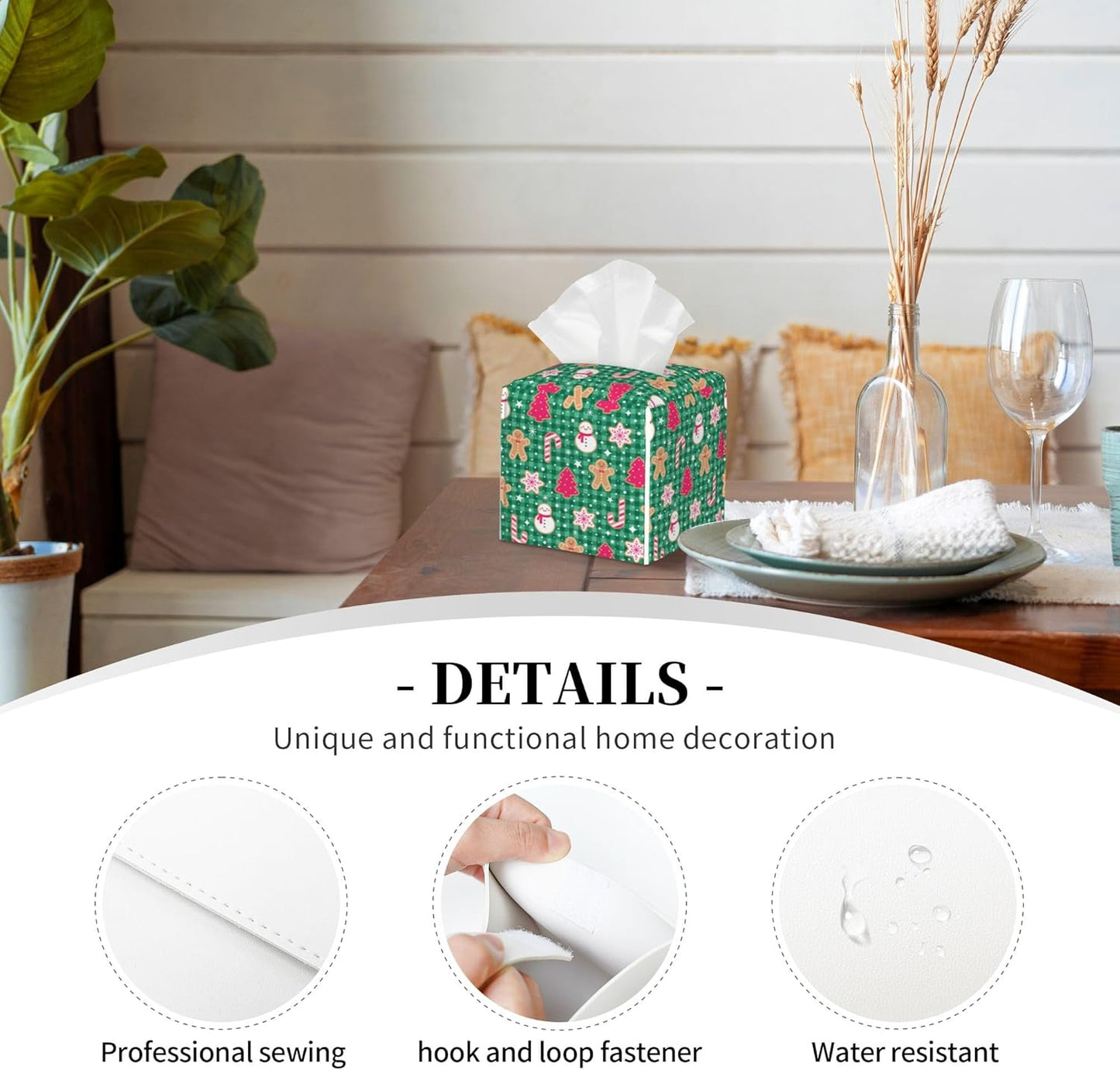 Christmas Gingerbread and Snowman Tissue Box Cover Square,Merry Christmas Snowflakes Candy Canes Tissue Box Holder Waterproof Leather Facial Paper Organizer for Car Bathroom Nightstand Vanity Desk