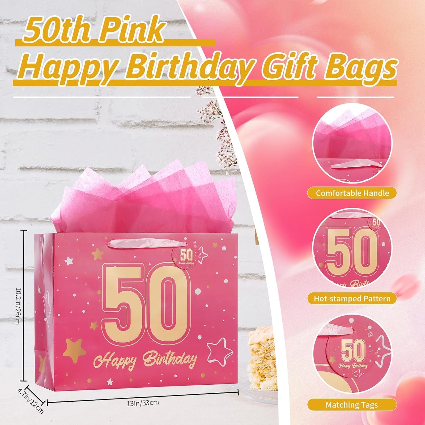 Powbrace 13" Pink Happy Birthday Gift Bag with Tissue Paper and Greeting Card for Party,Happy Birthday Gift Bag for Men Women,Gift Bags Medium size(1 Pink 50th)